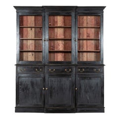 Vintage Large English Ebonised Mahogany Glazed Breakfront Bookcase