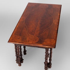 Large English Elizabethan Inlaid Burl, Rosewood & Satinwood Library Table c1850