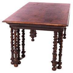 Large English Elizabethan Inlaid Burl, Rosewood & Satinwood Library Table c1850