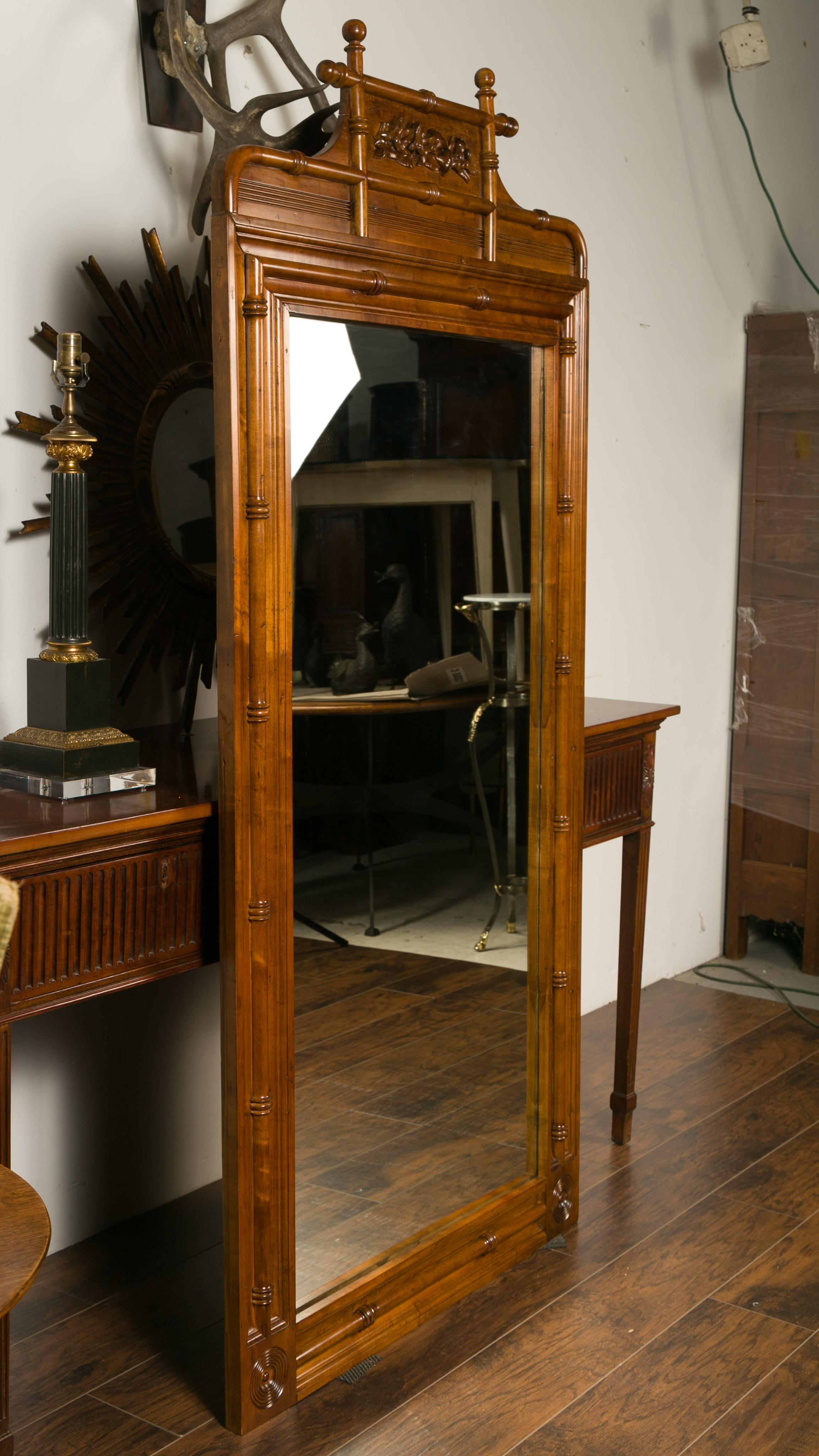 Large English Faux-Bamboo Walnut Mirror Made of 1900s Doors with Carved Ivy For Sale 3