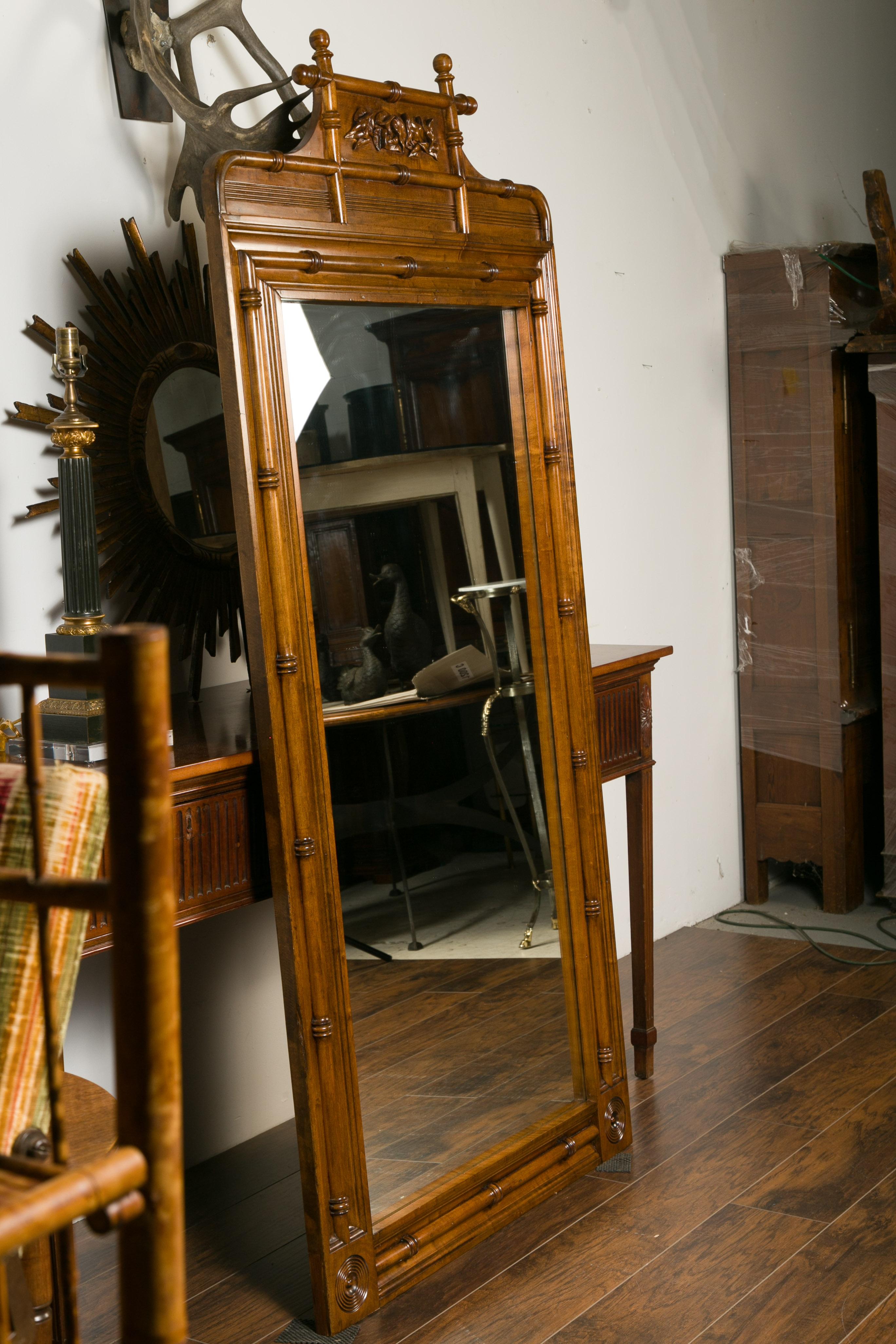 Large English Faux-Bamboo Walnut Mirror Made of 1900s Doors with Carved Ivy For Sale 4