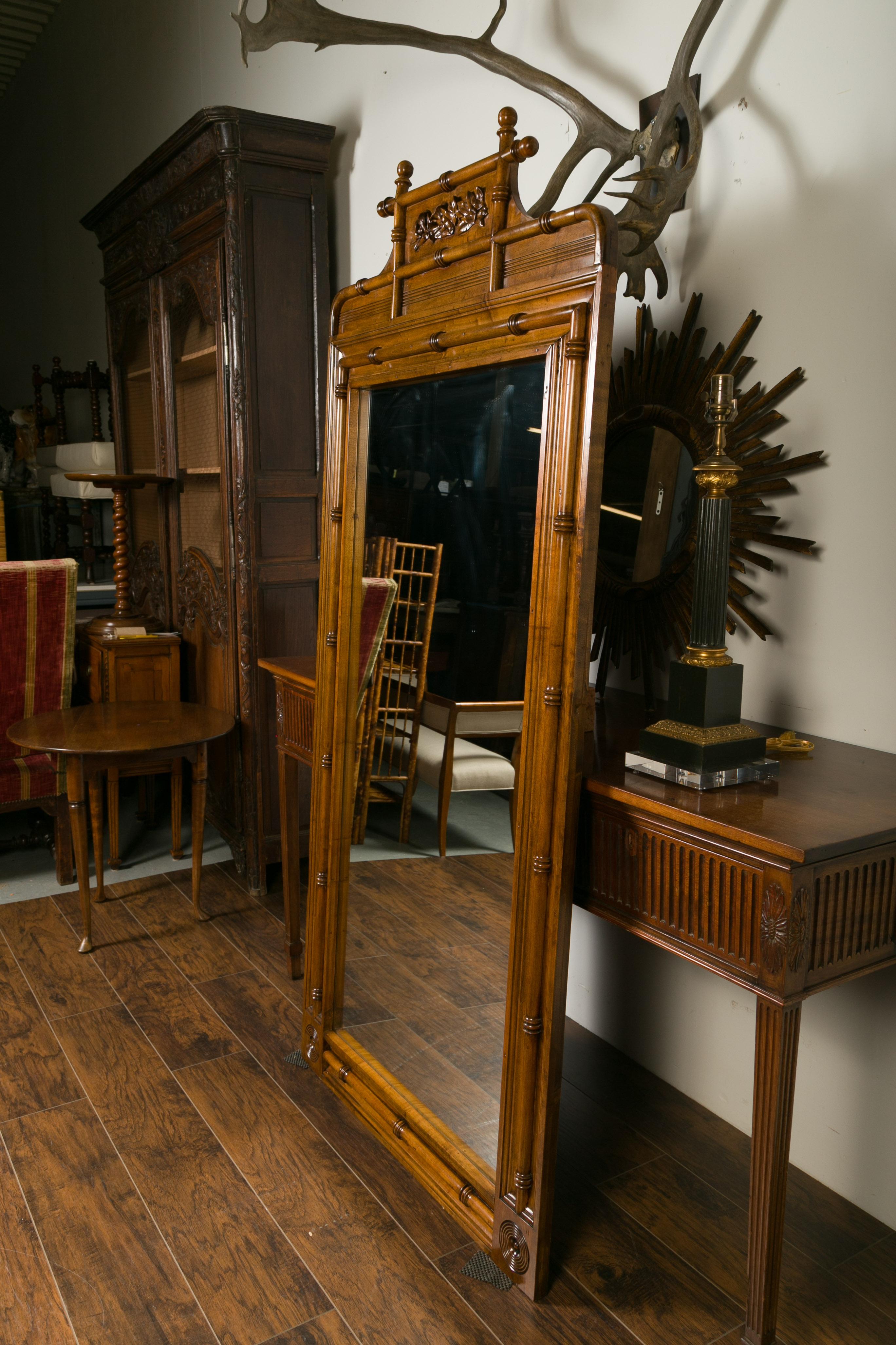 Large English Faux-Bamboo Walnut Mirror Made of 1900s Doors with Carved Ivy For Sale 5