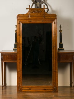 Large English Faux-Bamboo Walnut Mirror Made of 1900s Doors with Carved Ivy