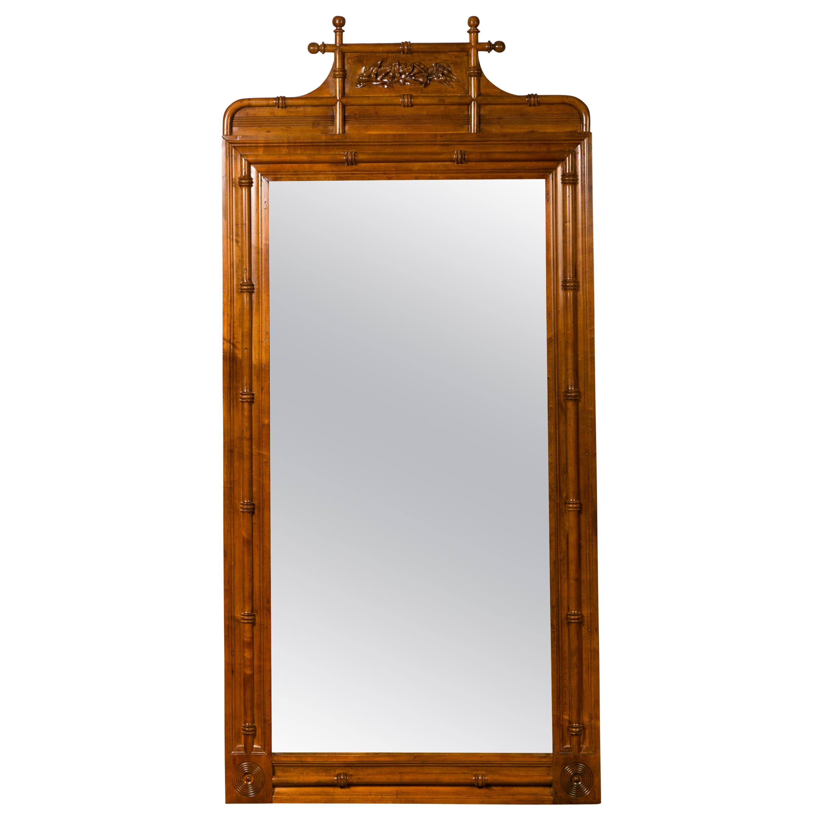 Large English Faux-Bamboo Walnut Mirror Made of 1900s Doors with Carved Ivy For Sale