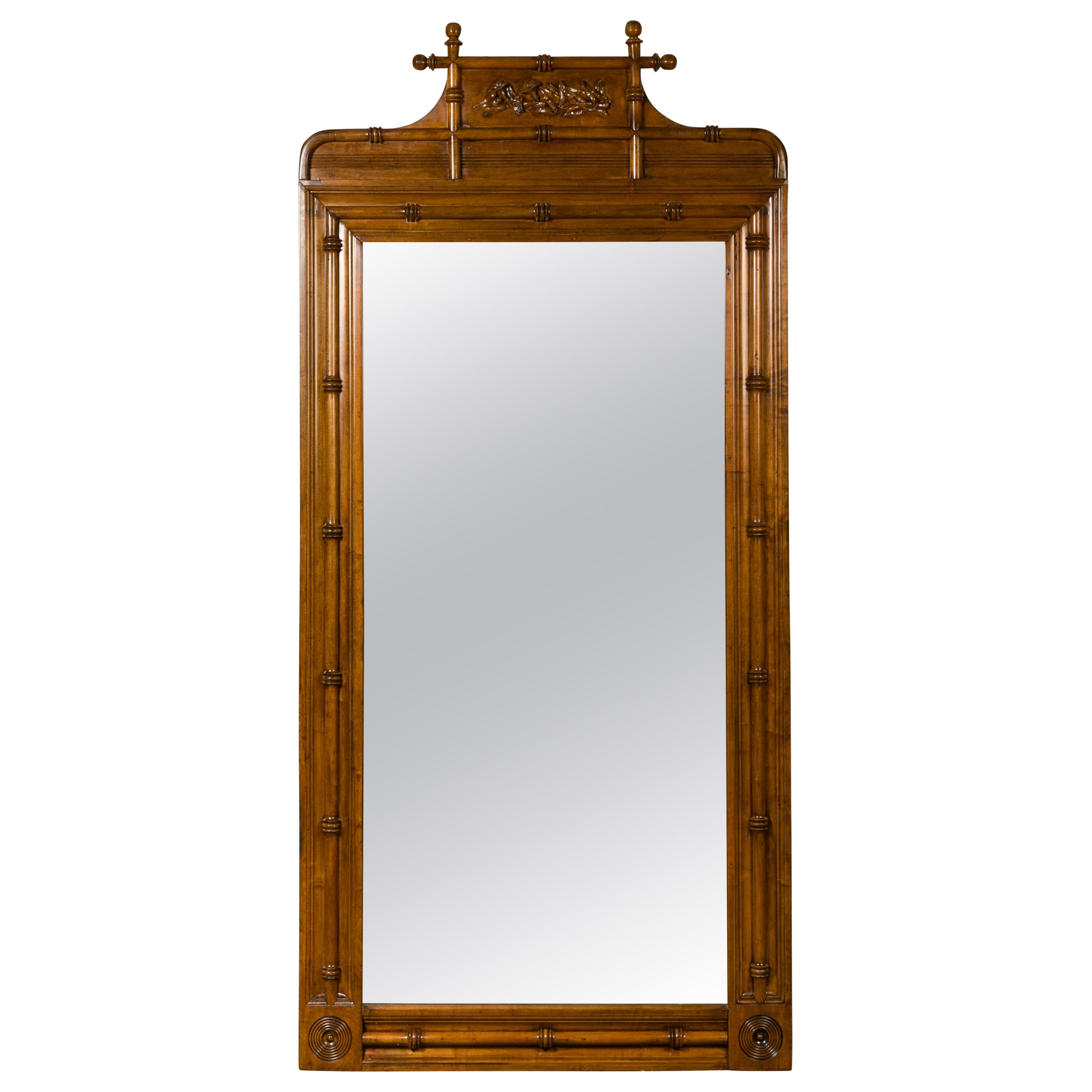 Large English Faux-Bamboo Walnut Mirror Made of 1900s Doors with Carved Ivy For Sale