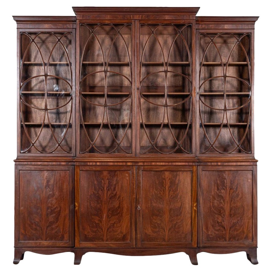 Large English Flame Mahogany Breakfront Bookcase