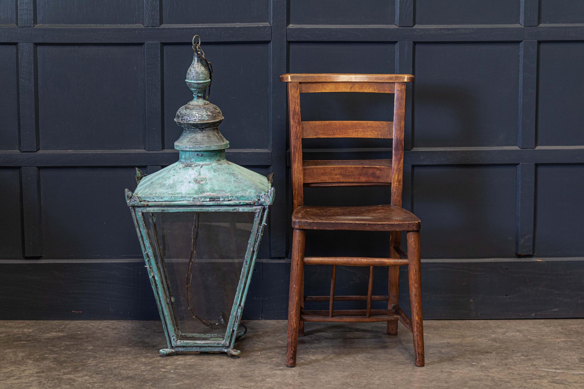 Large English Foster & Pullen verdigris copper lantern
Circa 1870.

With hinged canopy & door, Foster & Pullen Bradford name plate in place.

Comes with 1m of silk flex, 1m of heavy gauge antique brass chain & bronze ceiling hook.

Re-glazed