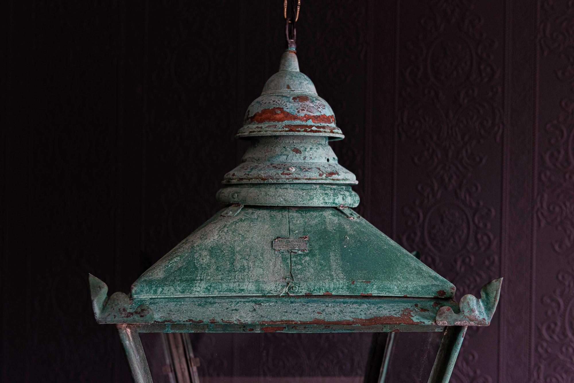 19th Century Large English Foster & Pullen Verdigris Copper Lantern