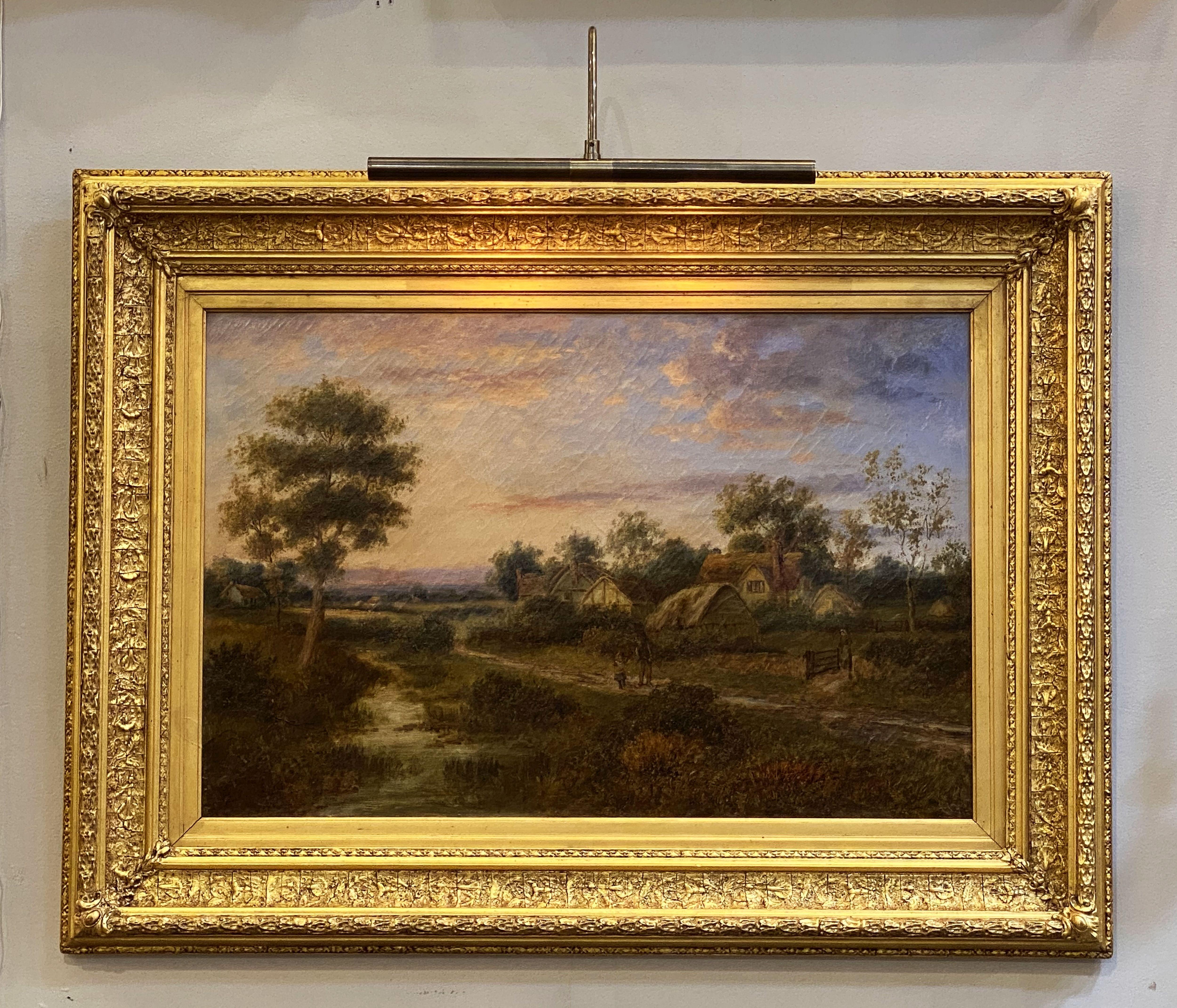 A fine large rectangular English oil painting on canvas in a giltwood frame, featuring an English country landscape.

Signed: A. Watts 1908

DIMENSIONS
H 30.25 in. x W 40.25 in. x D 2.25 in.