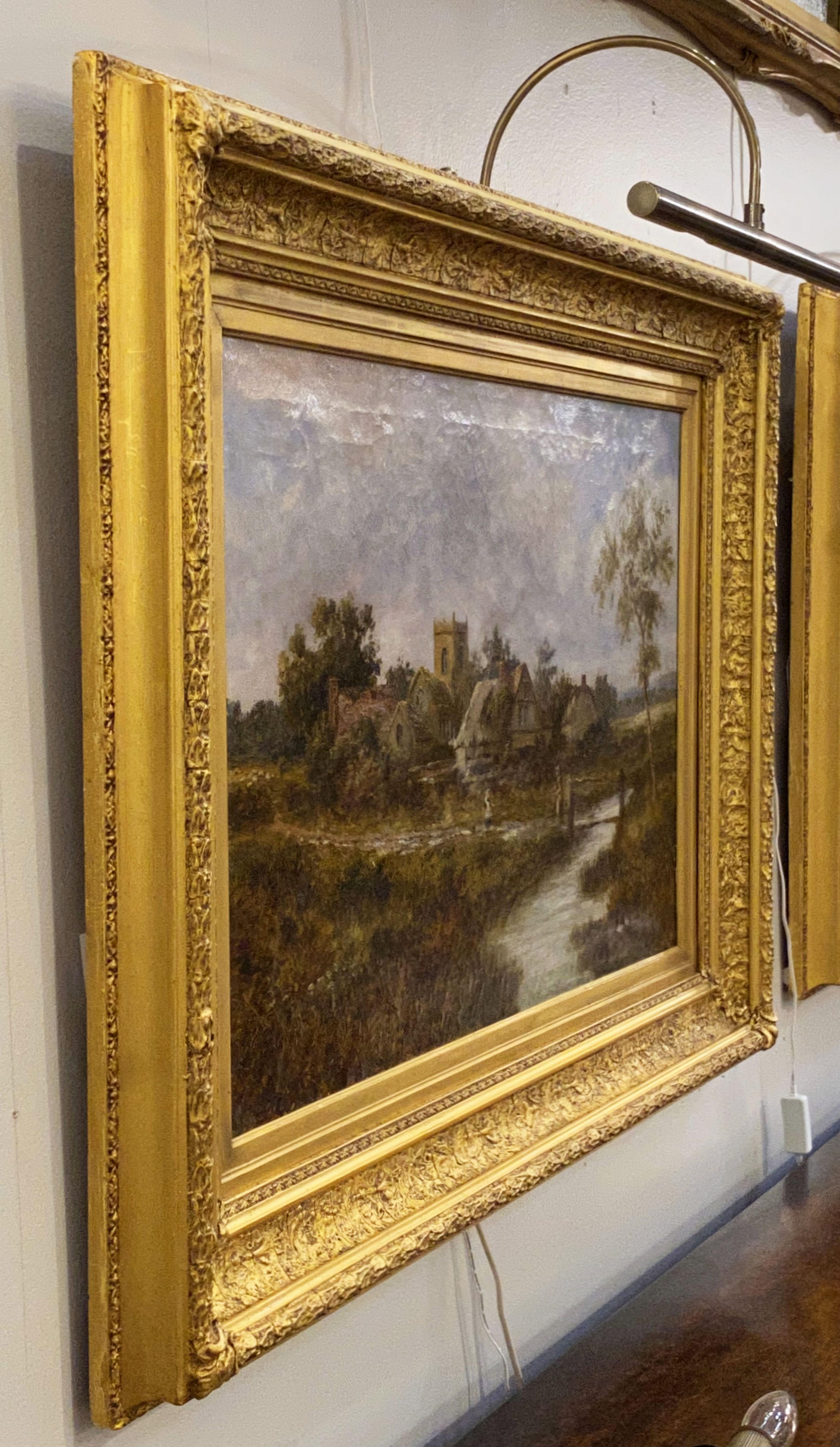 A fine large rectangular English oil painting on canvas in a giltwood frame, featuring an English country landscape with tower.

Signed: A. Watts 1908

Dimensions:
H 30.25 in. x W 40.25 in. x D 2.25 in.