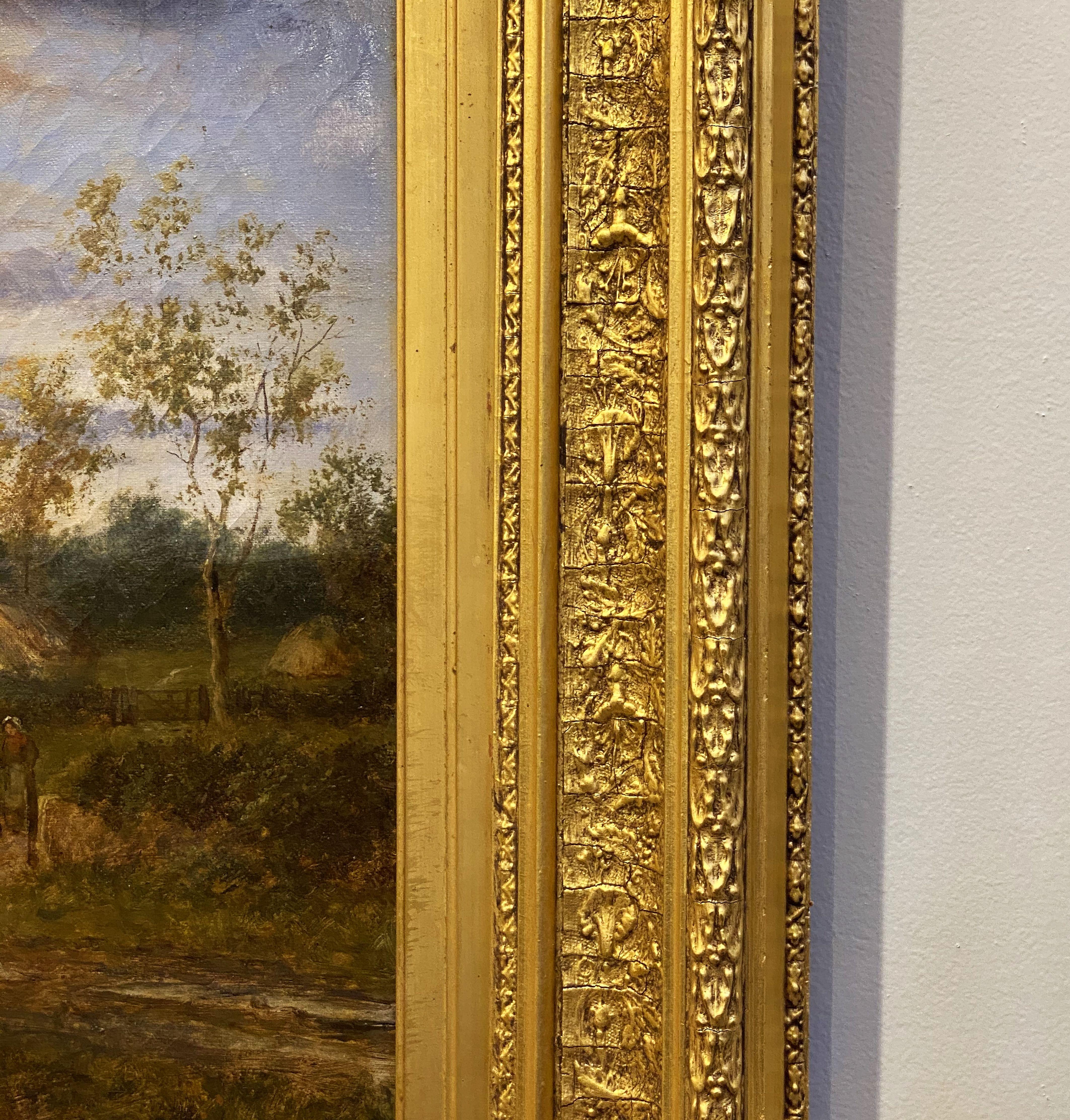 Canvas Large English Framed Oil Painting, Circa 1908, Country Landscape by A. Watts