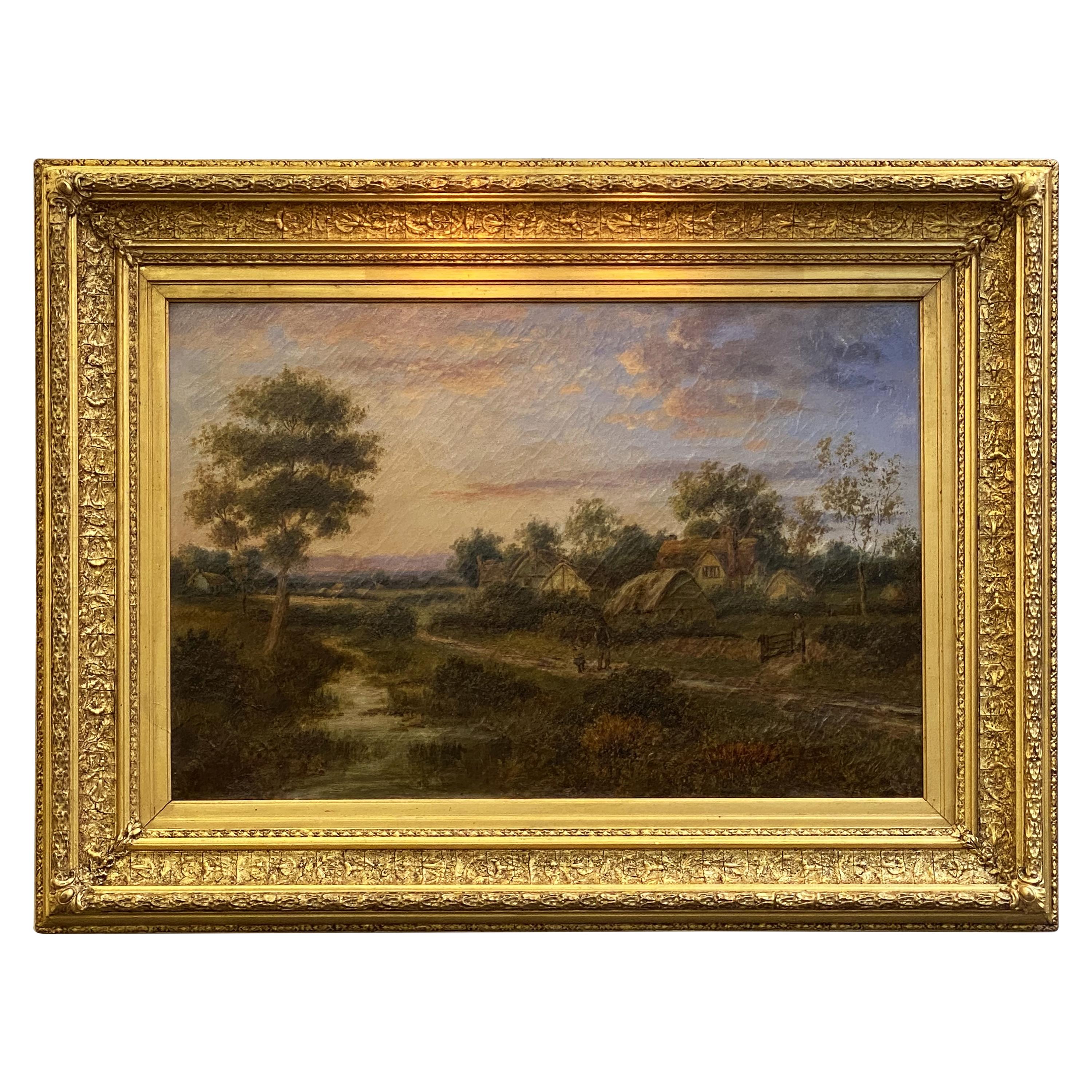Large English Framed Oil Painting, Circa 1908, Country Landscape by A. Watts