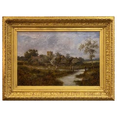 Large English Framed Oil Painting, circa 1908, Country Landscape by A. Watts