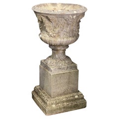 Large English Garden Stone Campana Urn or Planter Pot on Square Plinth Base