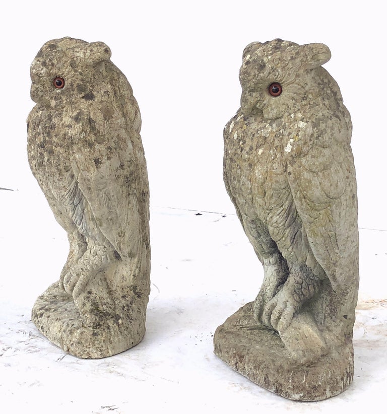 Large English Garden Stone Owl Statues with Glass Eyes 'Individually