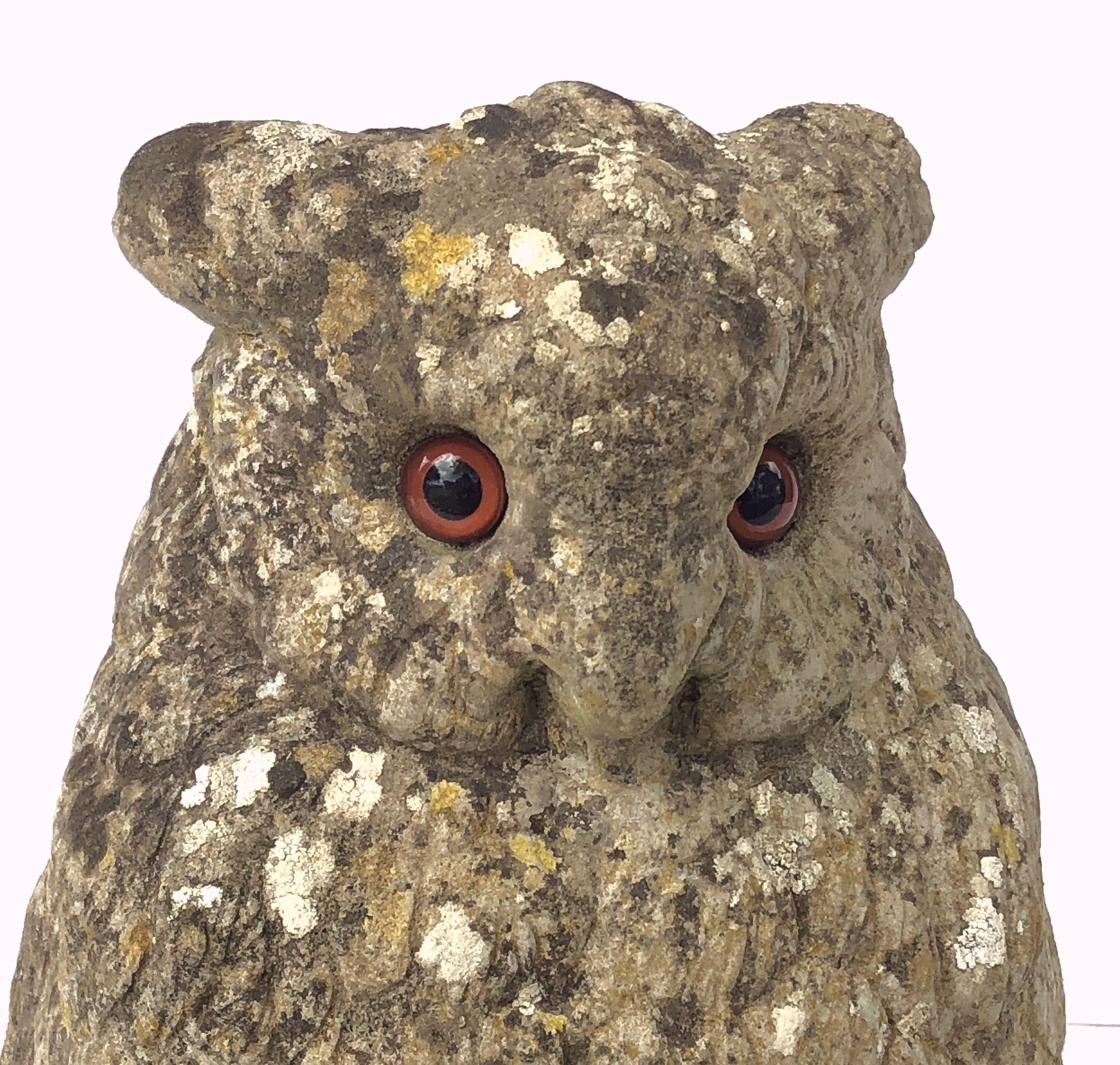 Large English Garden Stone Owl Statues with Glass Eyes 'Individually Priced' 7