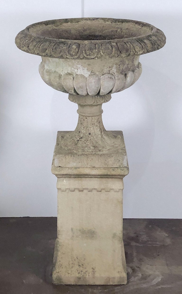 Large English Garden Stone Planter or Urn on Plinth or Pedestal For