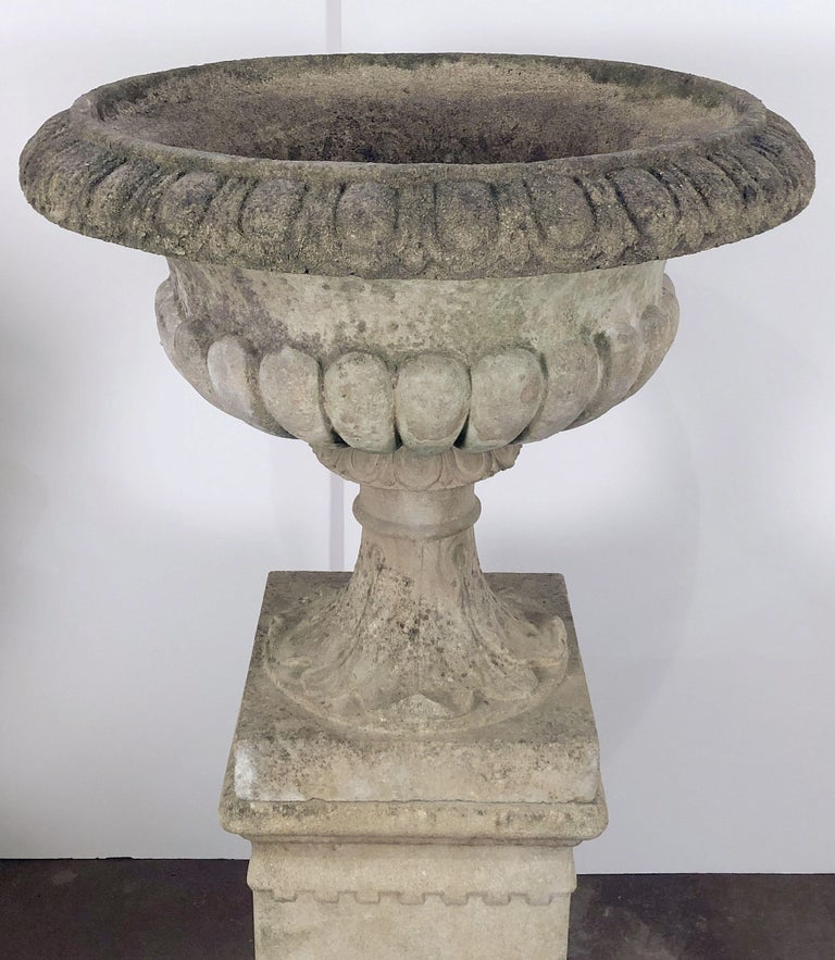 Large English Garden Stone Planter or Urn on Plinth or Pedestal For Sale at 1stdibs