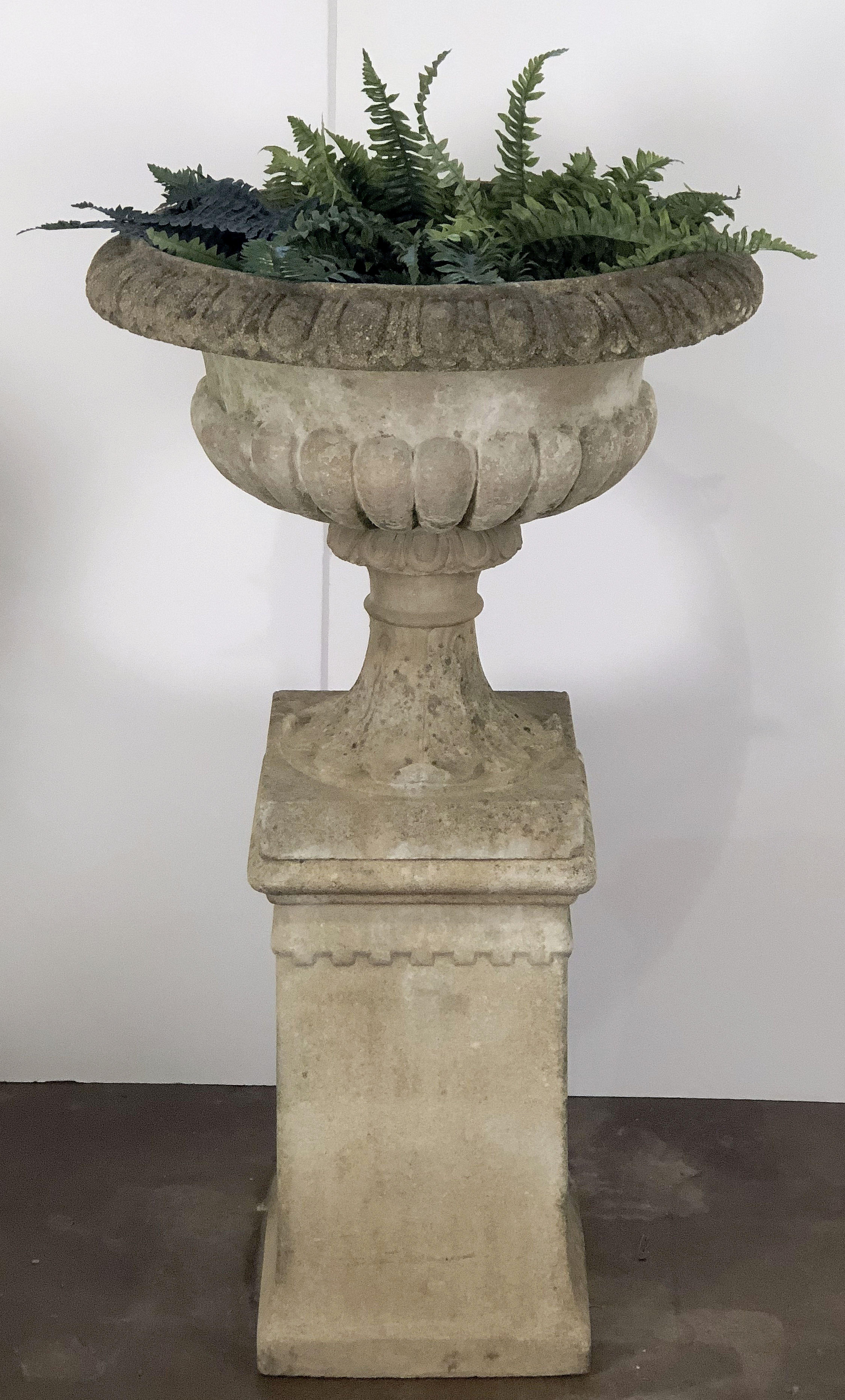 A large English garden urn or planter pot in the Classical style, of composition stone, featuring a egg-and-dart rim over a cylindrical, semi-lobed body on square base. 
Set upon a raised square pedestal plinth with dentile relief around the top,