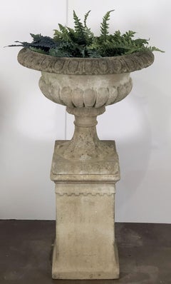 Large English Garden Stone Urn or Planter Pot on Plinth or Pedestal