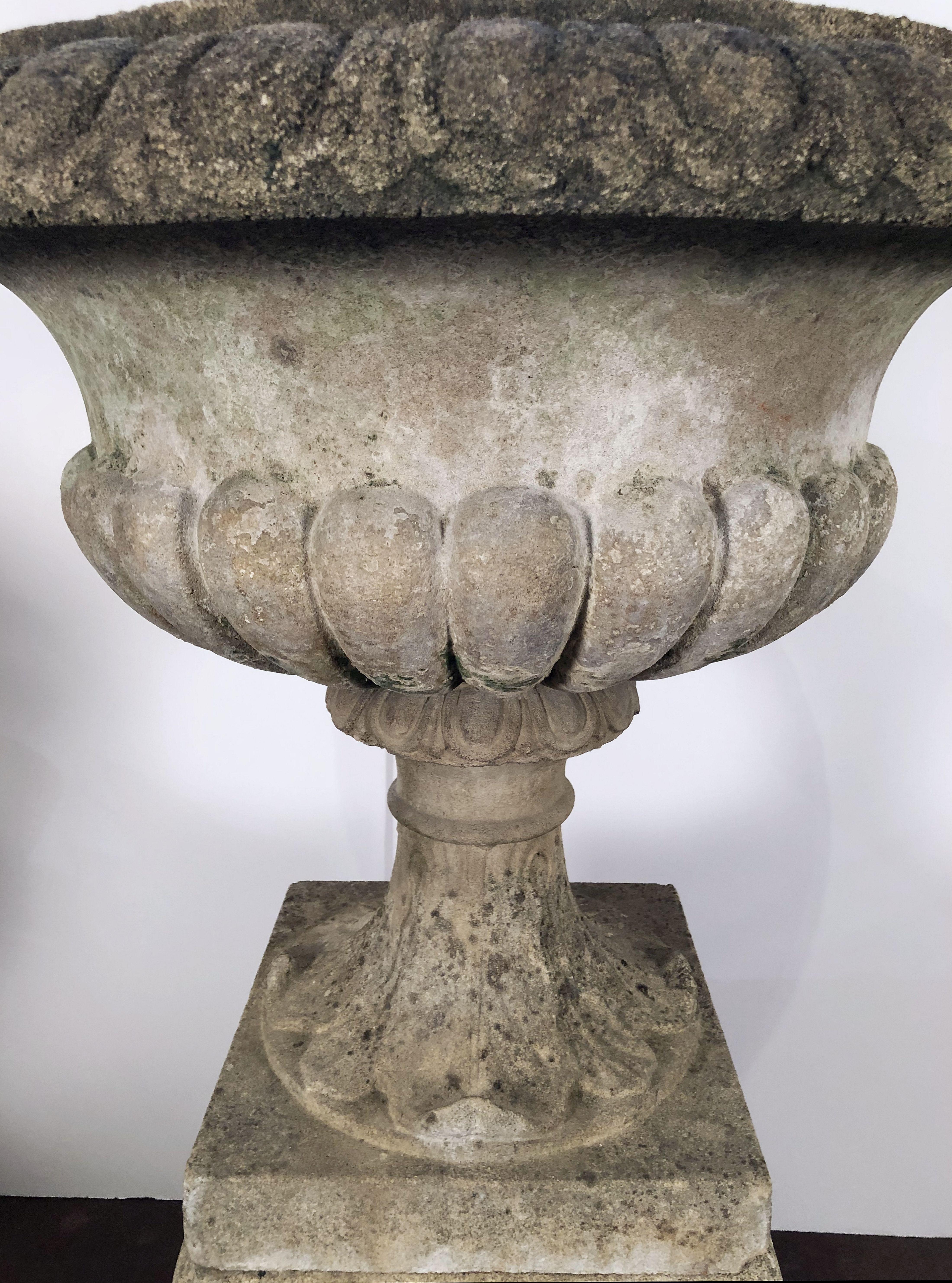 20th Century Large English Garden Stone Urn or Planter Pot on Plinth or Pedestal