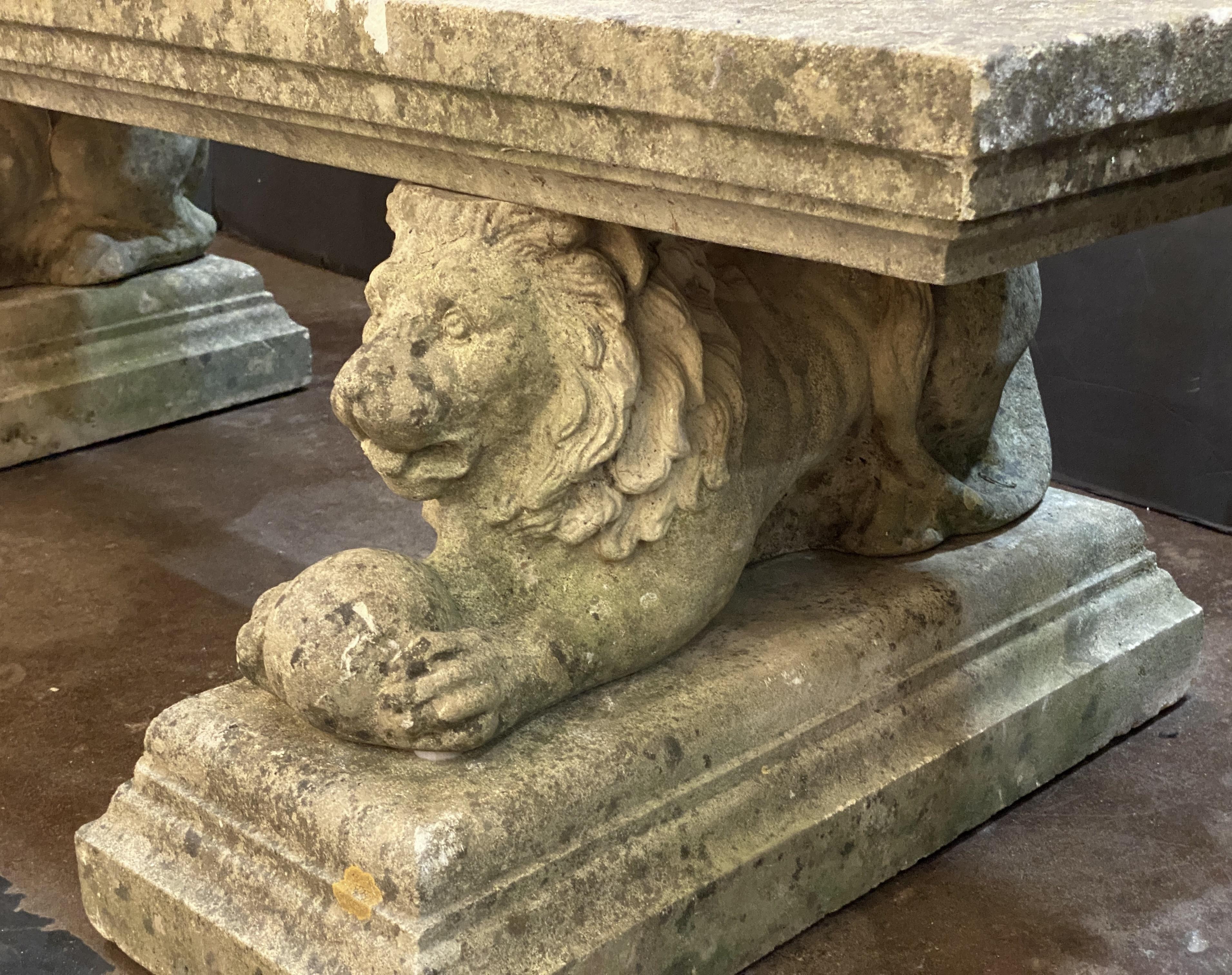 Large English Garden Stone Rectangular Seating Bench on Lion Bases 6