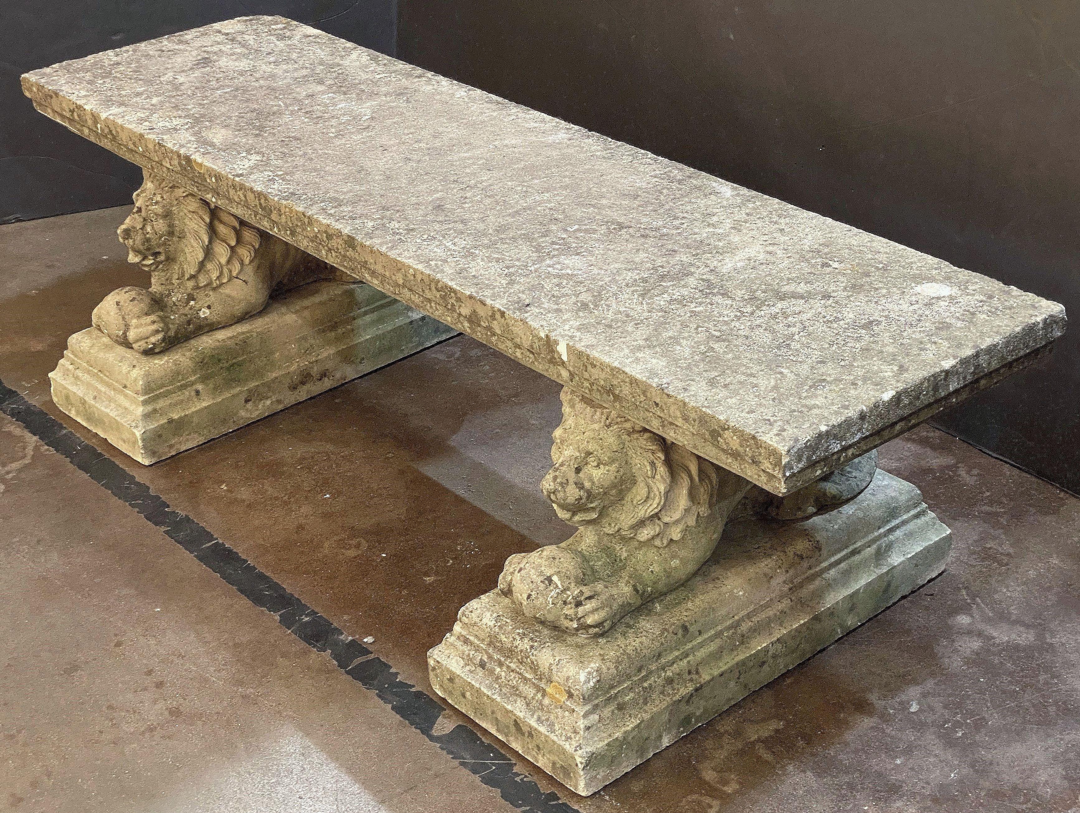 Large English Garden Stone Rectangular Seating Bench on Lion Bases 7