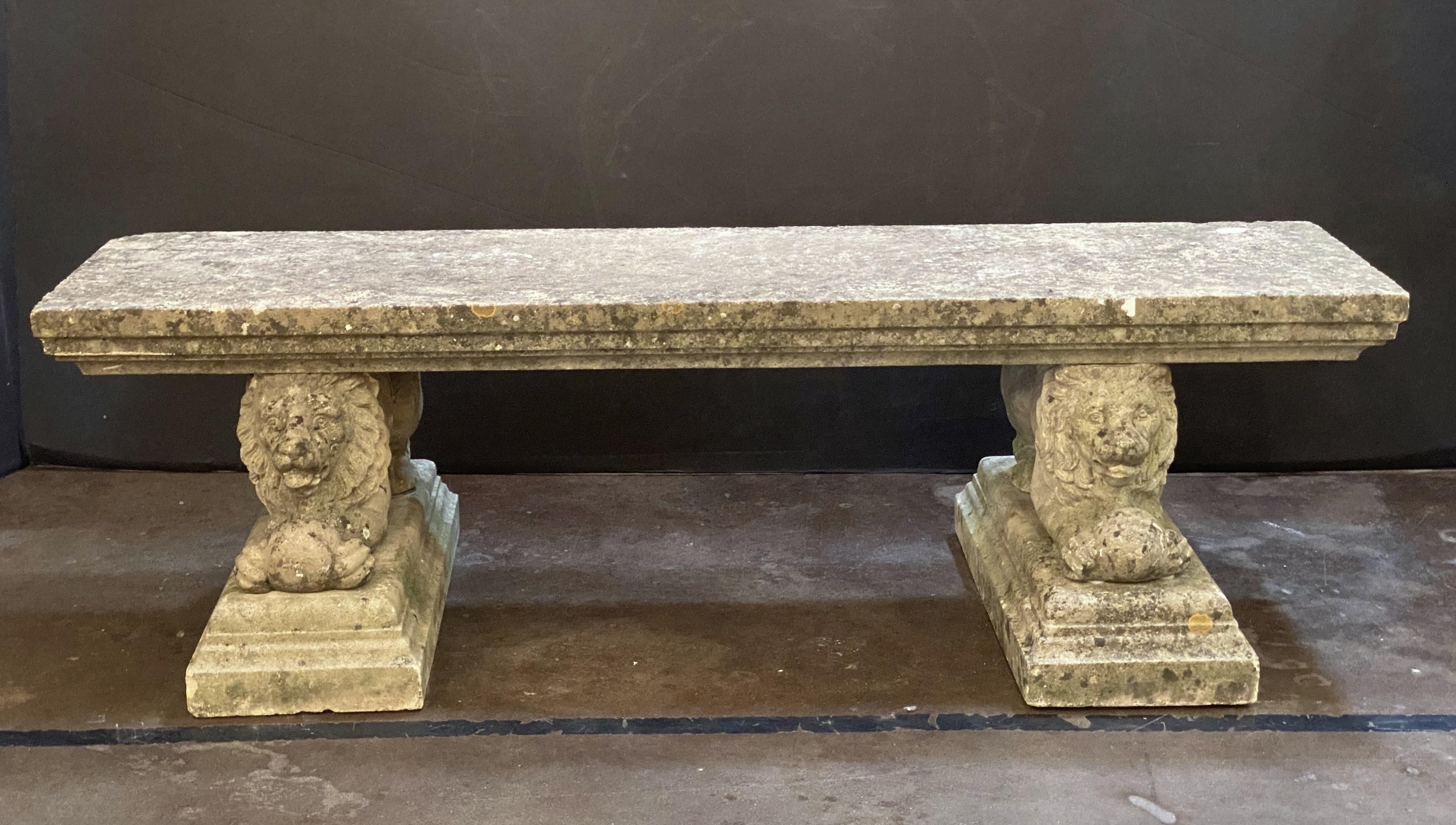 Large English Garden Stone Rectangular Seating Bench on Lion Bases In Good Condition In Austin, TX