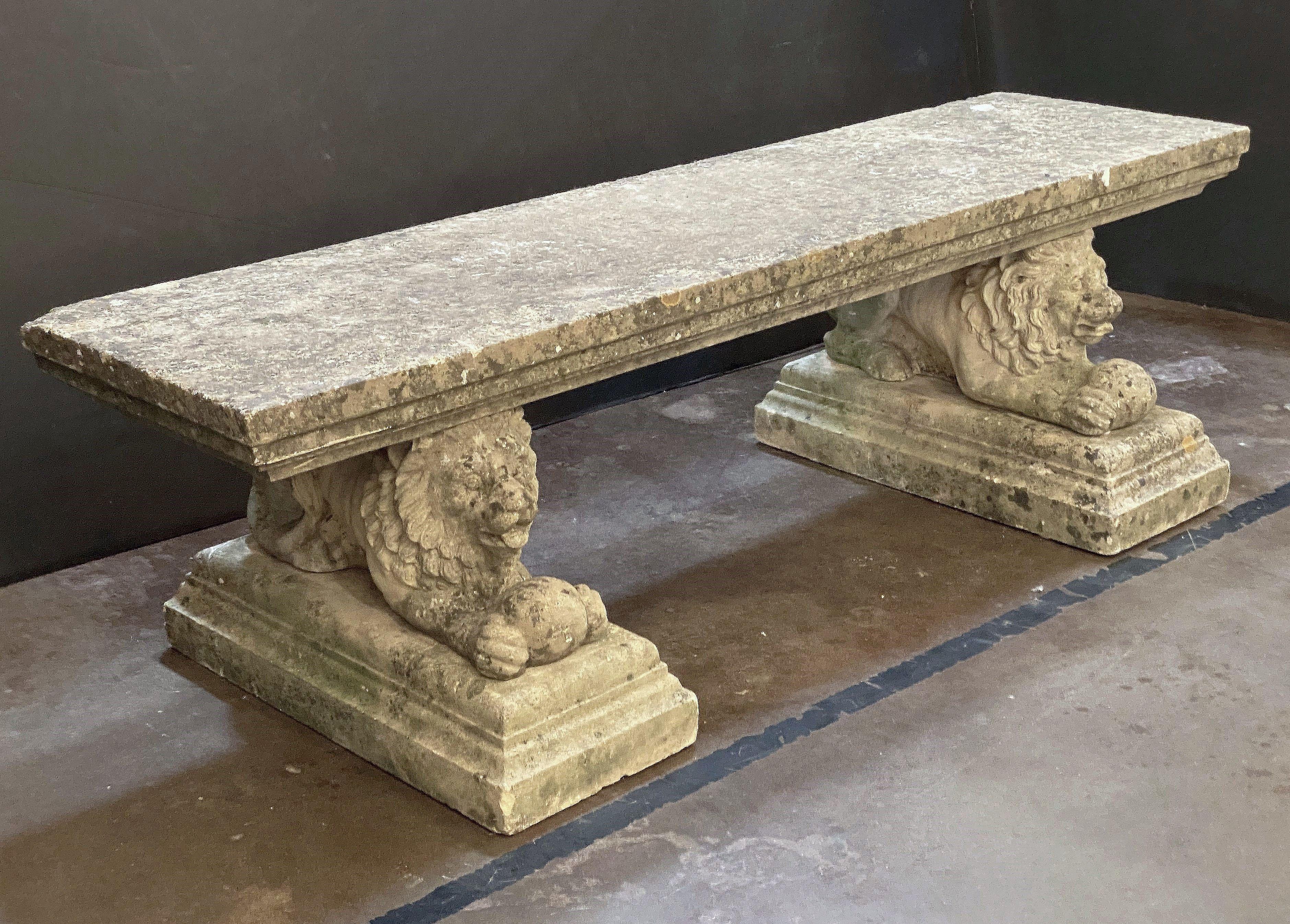 20th Century Large English Garden Stone Rectangular Seating Bench on Lion Bases