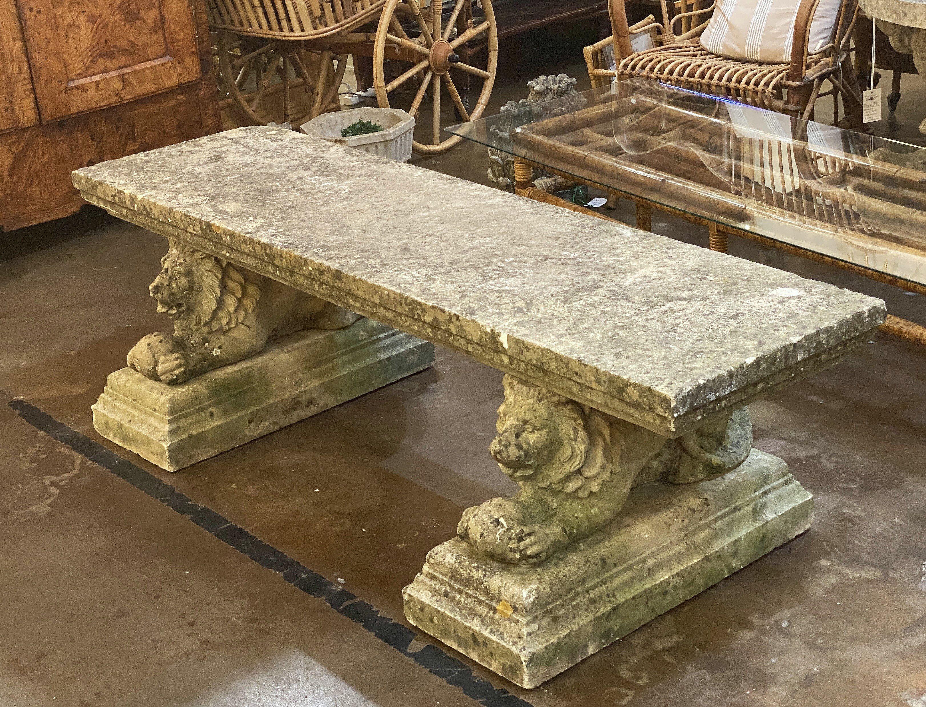 Cast Stone Large English Garden Stone Rectangular Seating Bench on Lion Bases