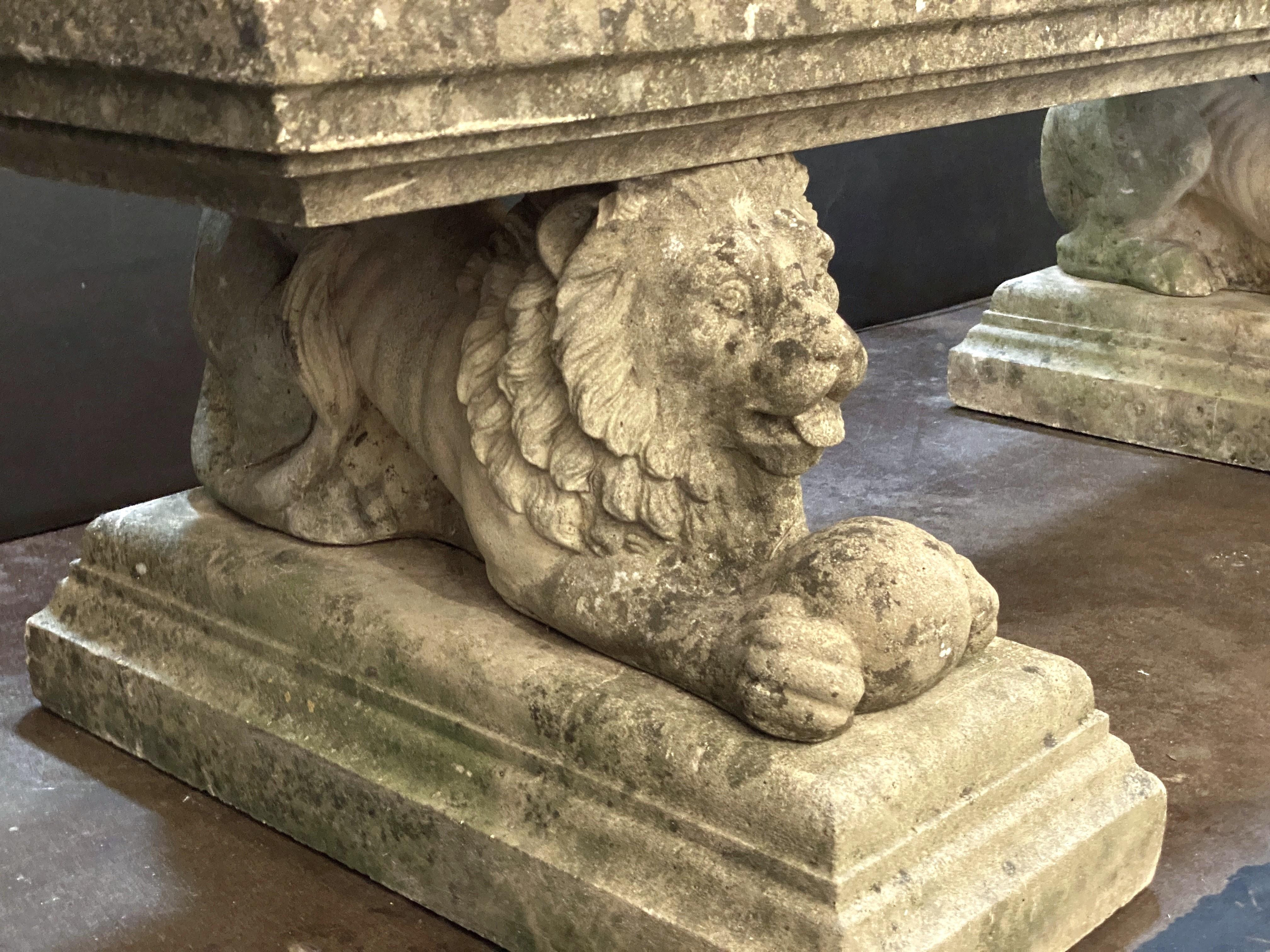 Large English Garden Stone Rectangular Seating Bench on Lion Bases 3