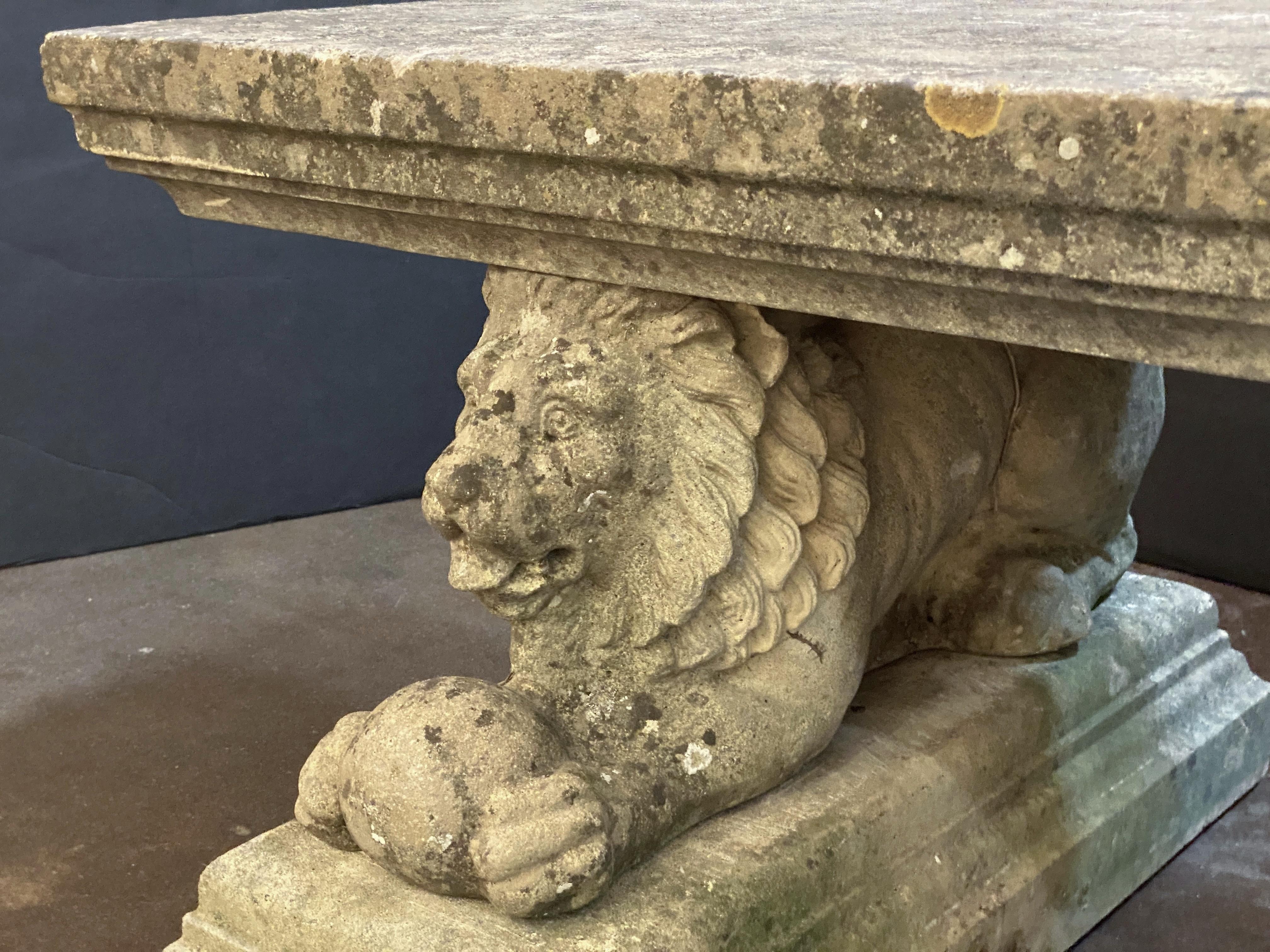Large English Garden Stone Rectangular Seating Bench on Lion Bases 4