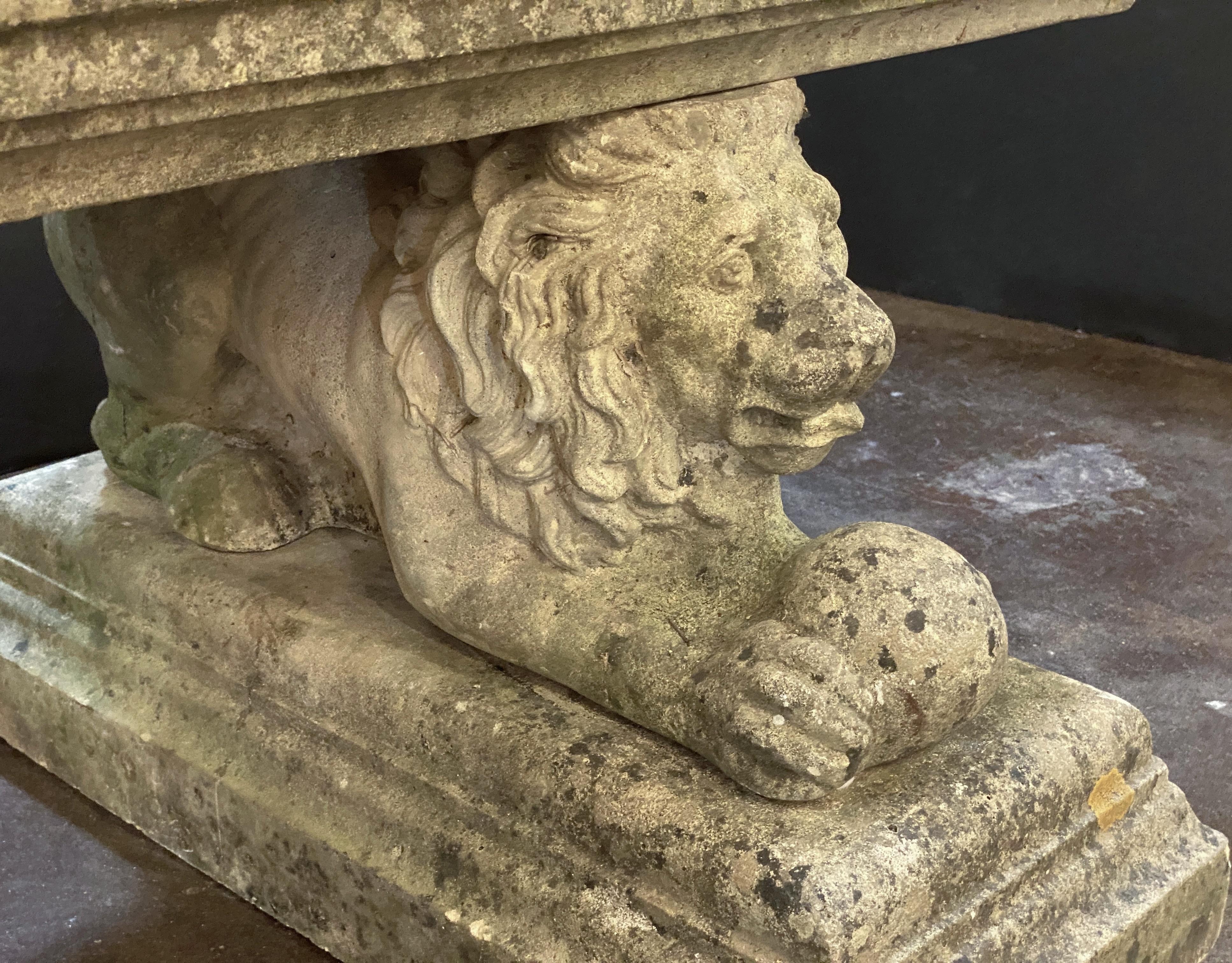 Large English Garden Stone Rectangular Seating Bench on Lion Bases 5