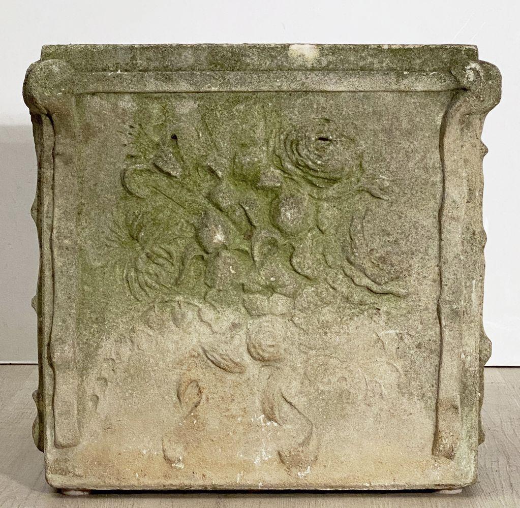 Large English Garden Stone Square Planter or Pot with Floral Relief In Good Condition In Austin, TX