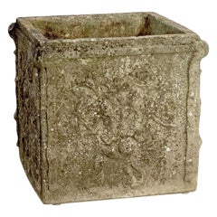 Vintage Large English Garden Stone Square Planter or Pot with Floral Relief