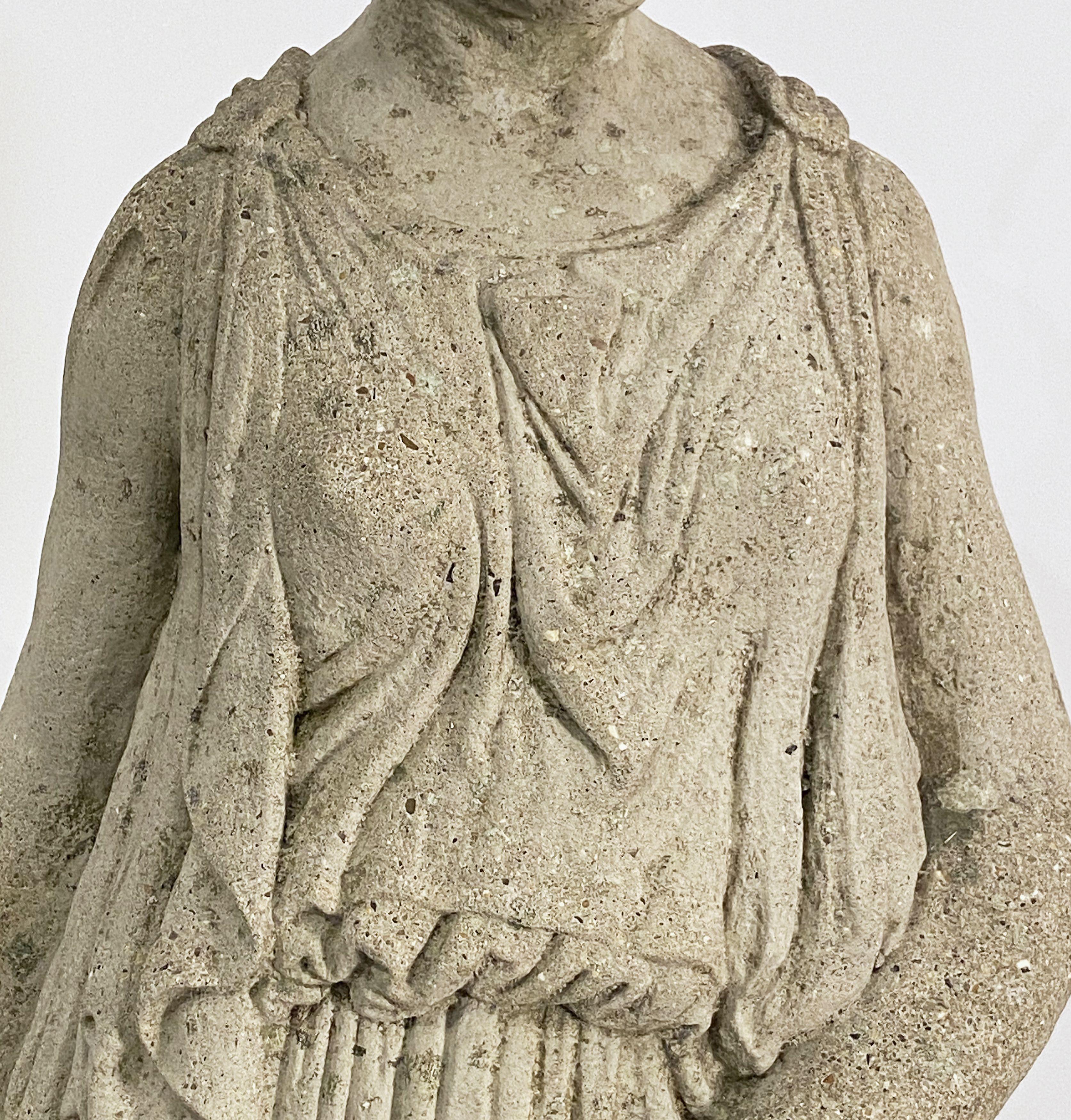 Classical Greek Large English Garden Stone Statue of a Maiden on Column Pedestal (H 59 1/4)