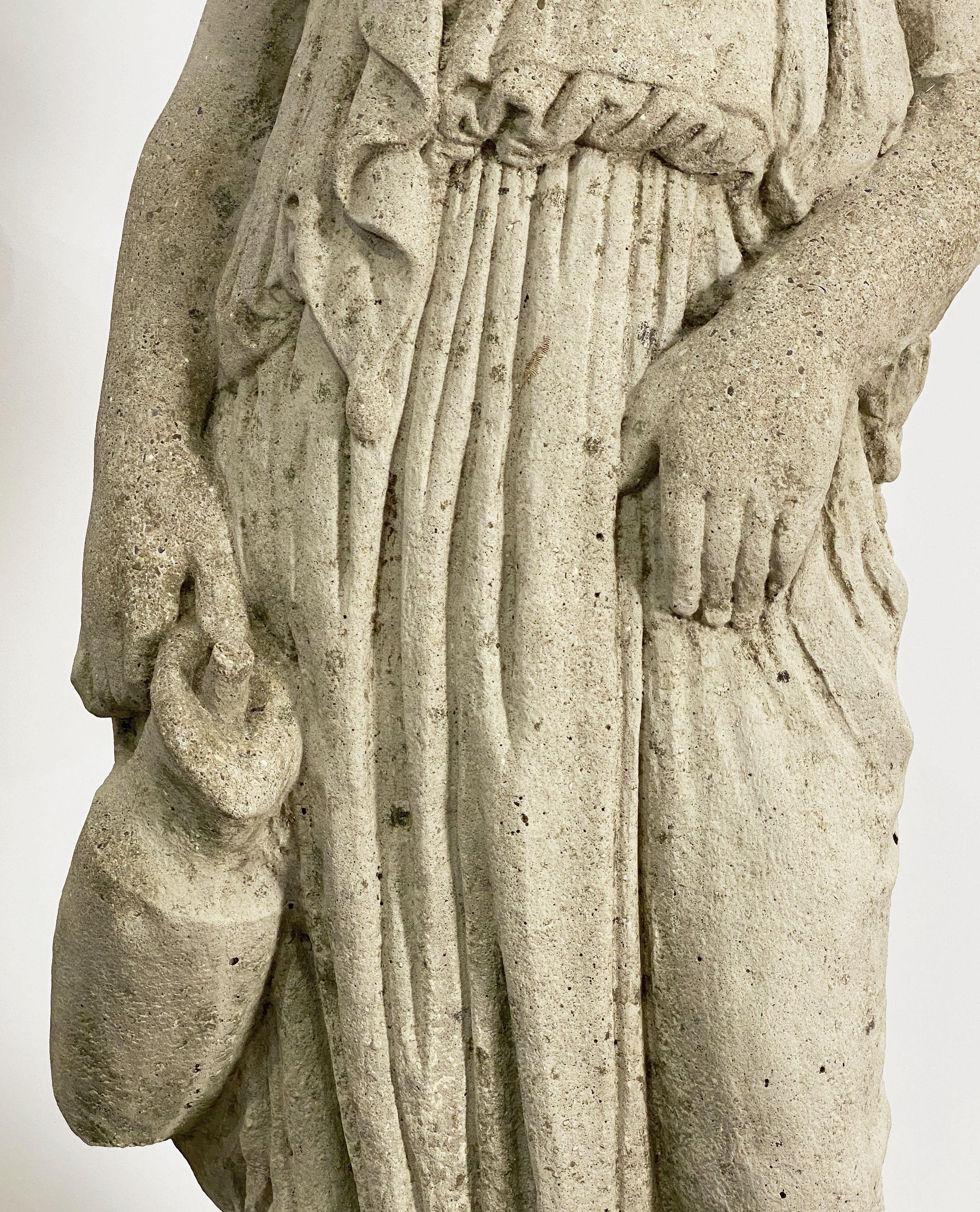 20th Century Large English Garden Stone Statue of a Maiden on Column Pedestal (H 59 1/4)