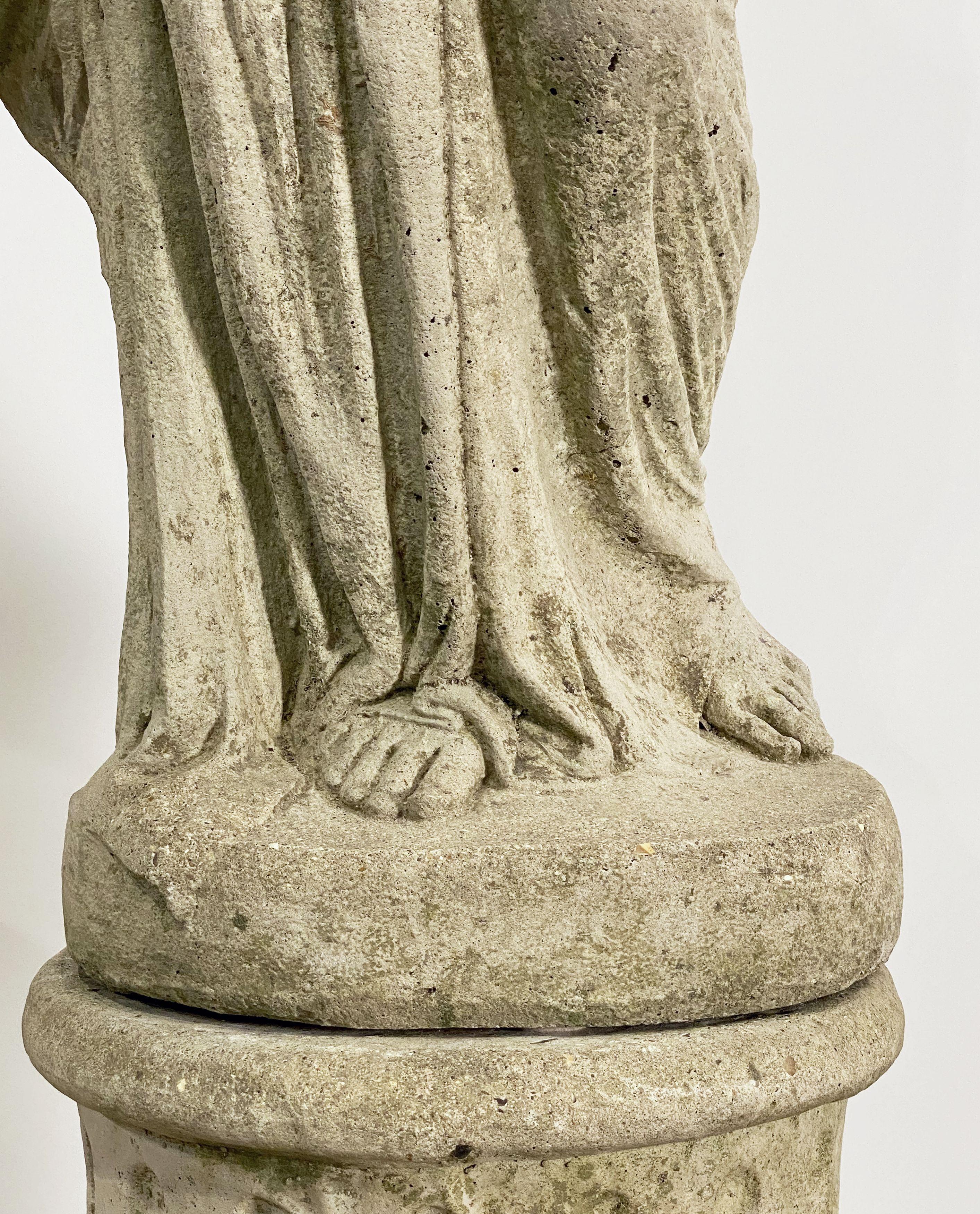 Large English Garden Stone Statue of a Maiden on Column Pedestal (H 59 1/4) 1