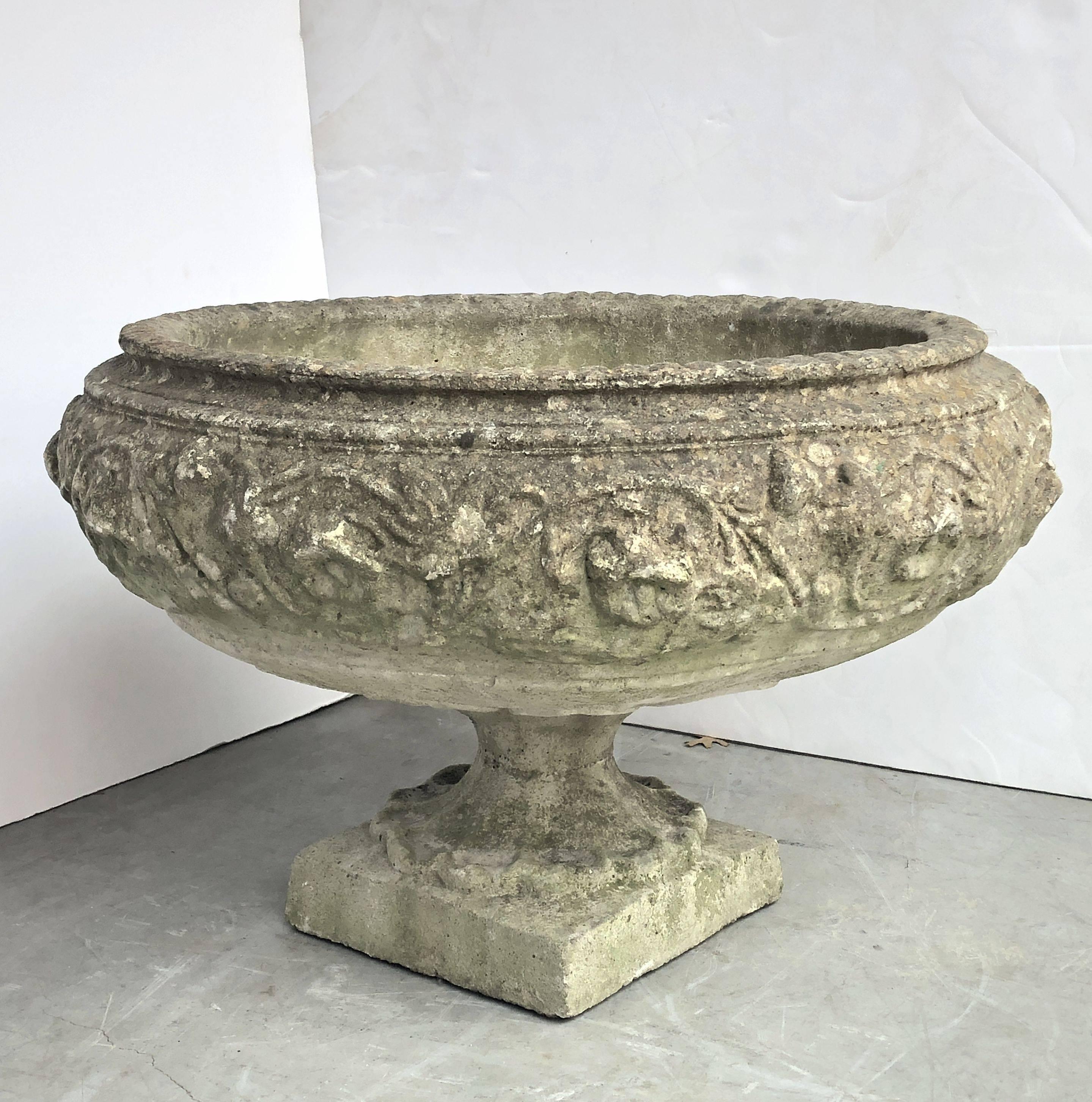 A fine large English garden urn (or planter) in the Classical style, of composition stone, featuring a raised foliate design around the bowl's circumference, and set upon a square plinth.

Great for an indoor or outdoor garden room, garden, or