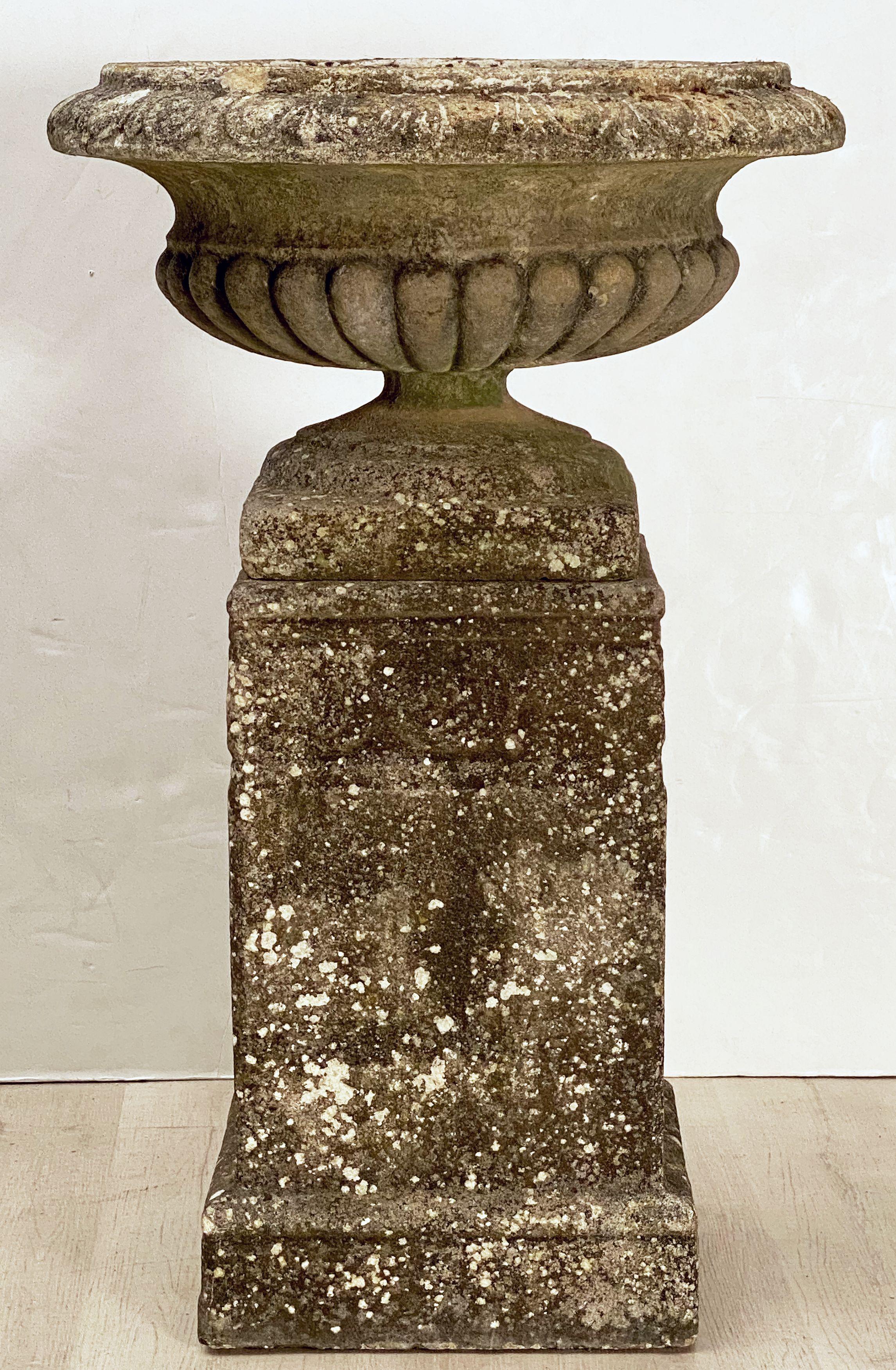 English Garden Stone Urn or Planter Pot on Plinth Base in the Classical Style For Sale 3