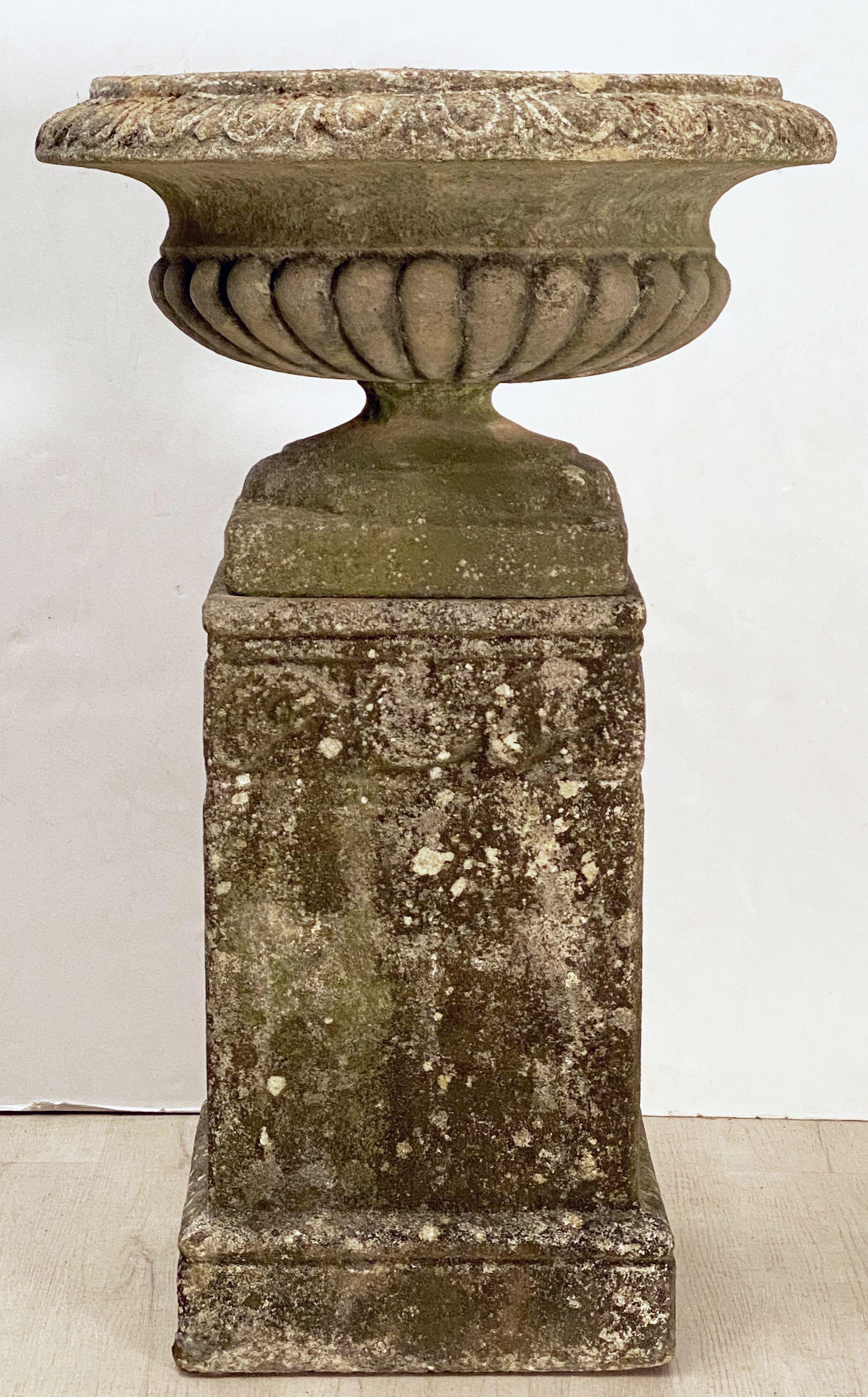 English Garden Stone Urn or Planter Pot on Plinth Base in the Classical