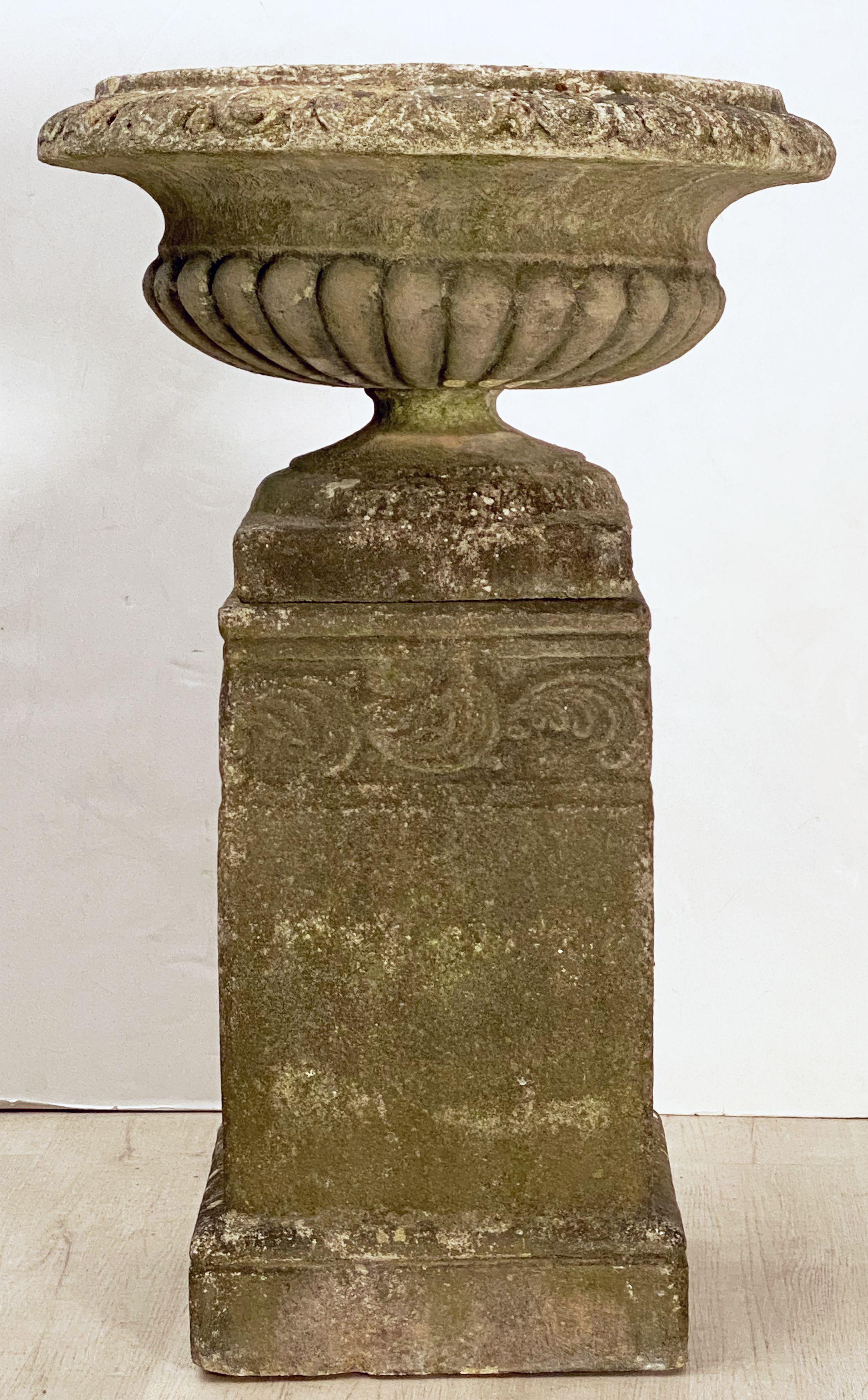 English Garden Stone Urn or Planter Pot on Plinth Base in the Classical Style For Sale 8