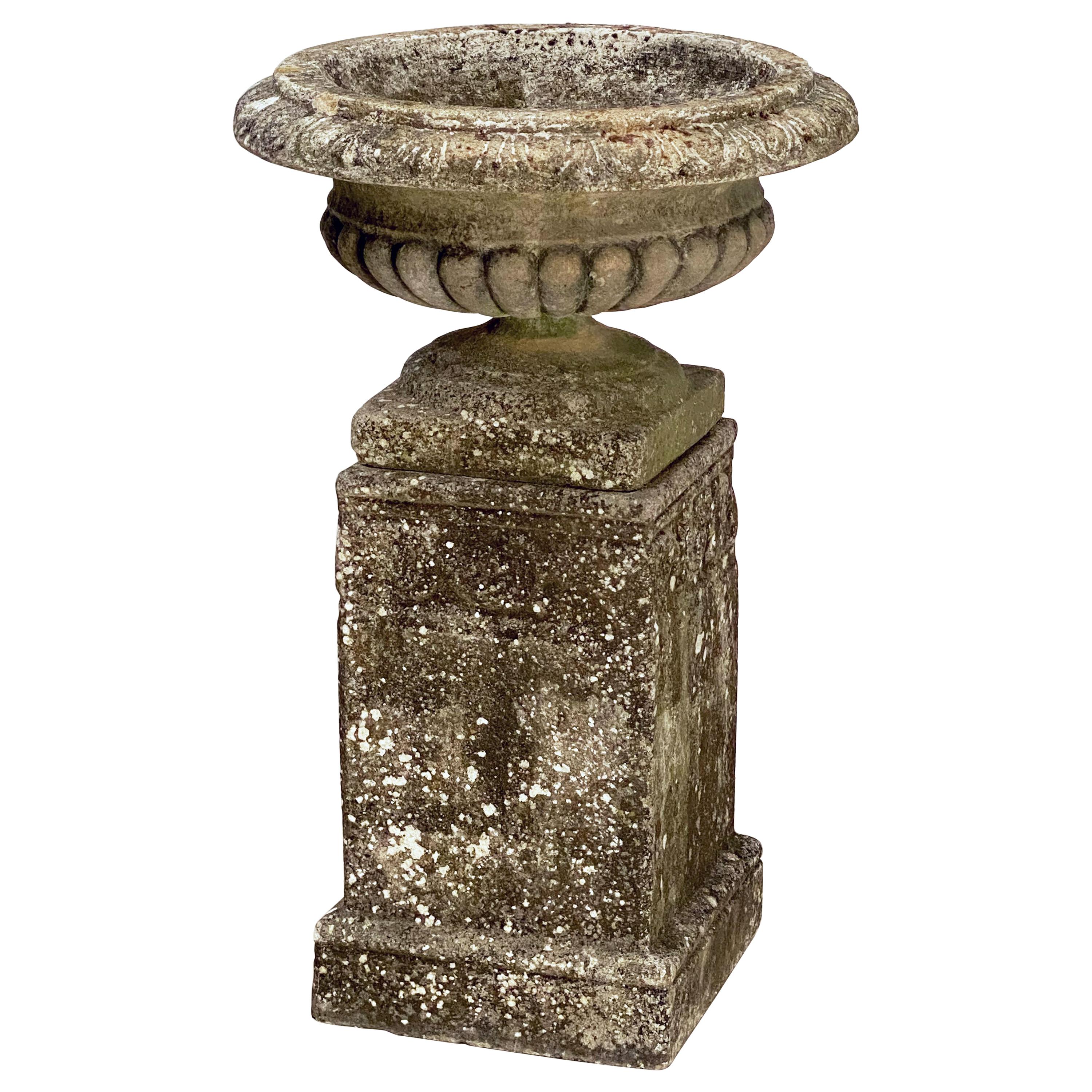 English Garden Stone Urn or Planter Pot on Plinth Base in the Classical Style