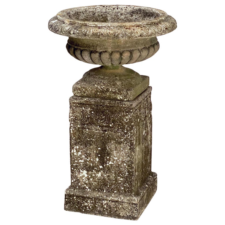 English Garden Stone Urn or Planter Pot on Plinth Base in the Classical