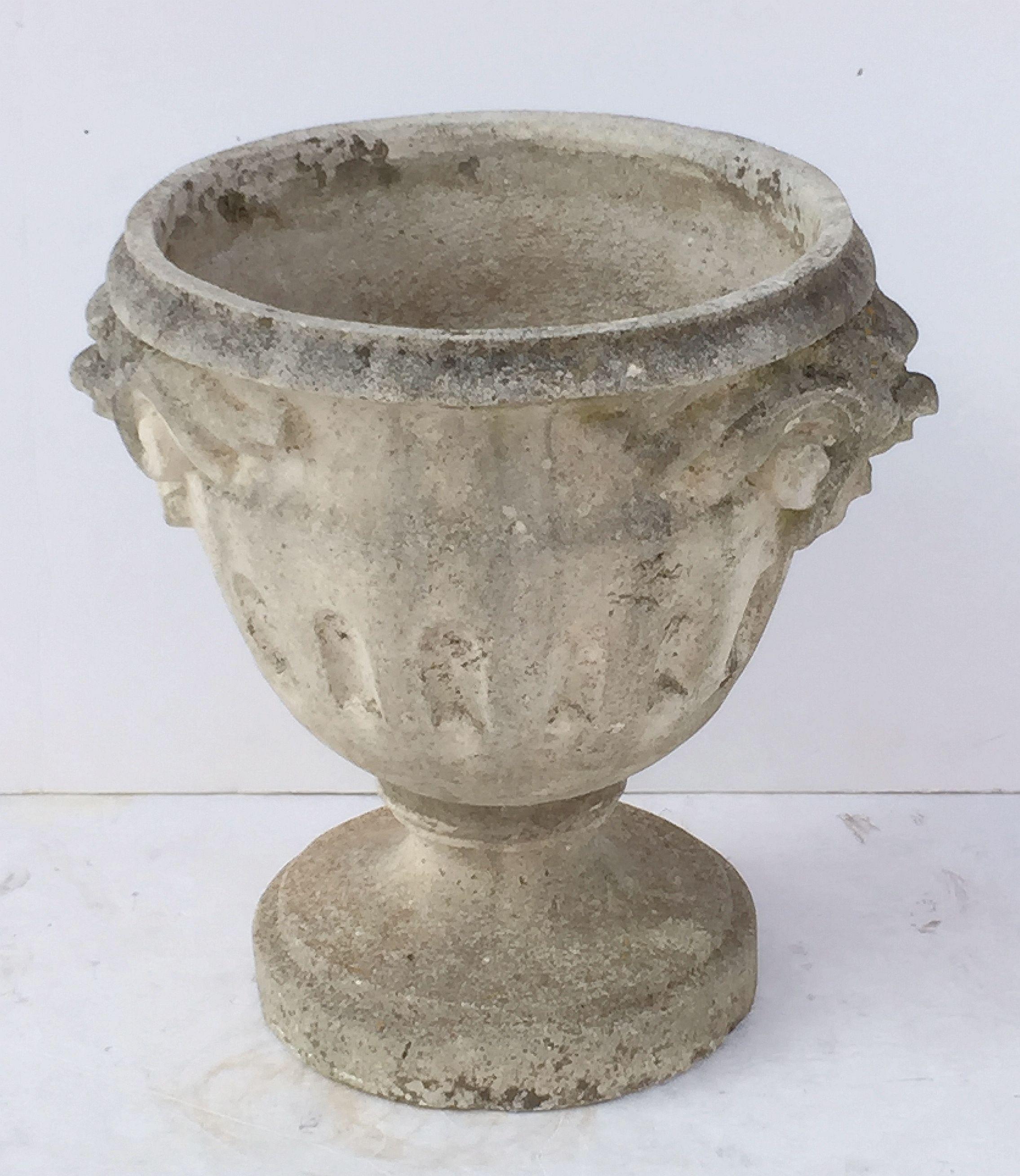 A large English garden urn or planter pot of composition stone, featuring a cylindrical urn on a raised round base, and opposing handles with a stylized design of scrolls and lions.

Perfect for an indoor or outdoor garden, garden room, or