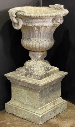 Large English Garden Stone Urn or Planter Pot on Square Plinth Base