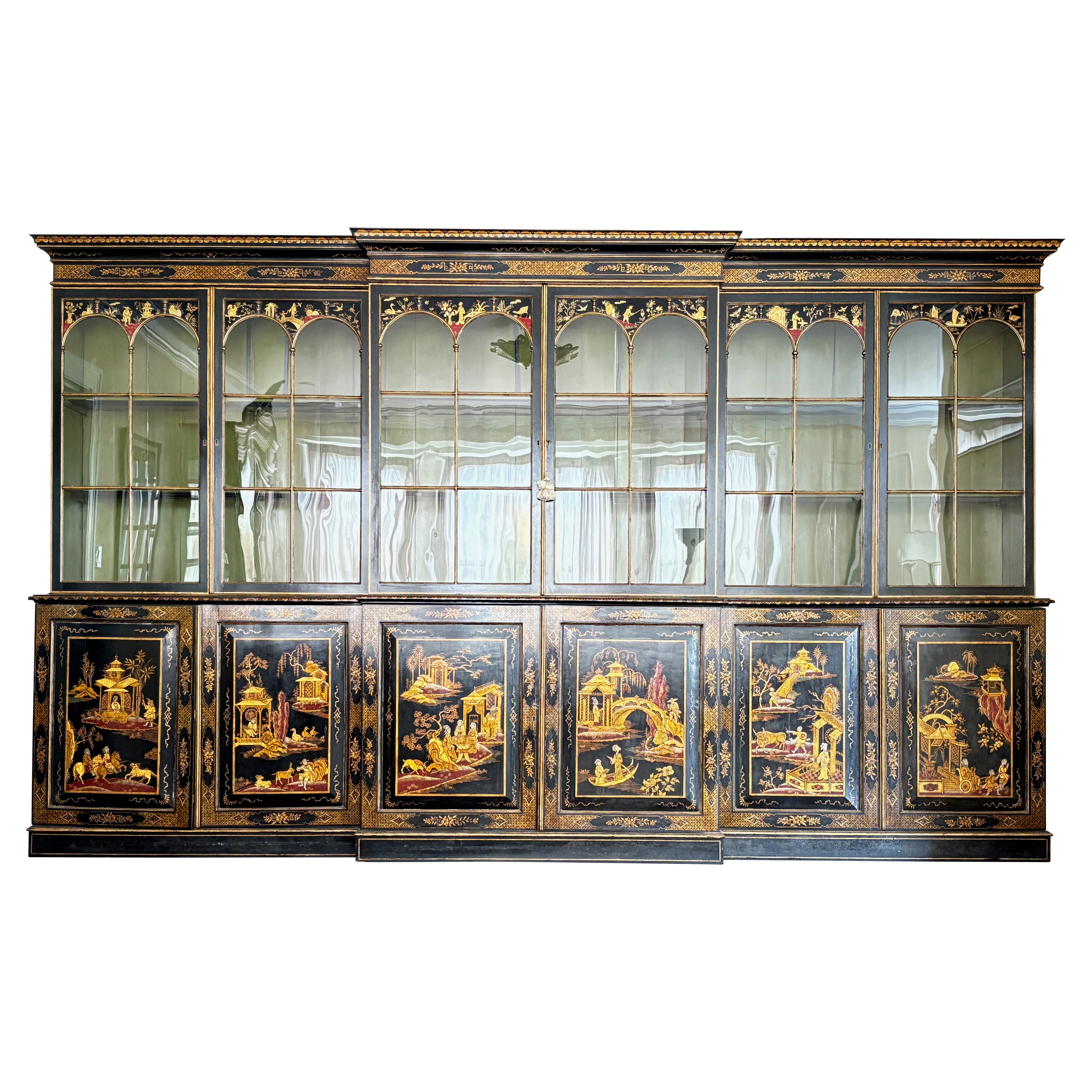 Large English George III Japanned  / Chinoiserie Breakfront Bookcase Cabinet