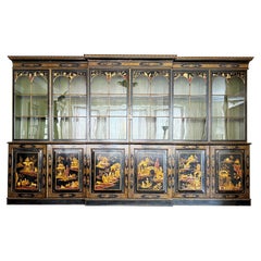 Large English George III Japanned  / Chinoiserie Breakfront Bookcase Cabinet