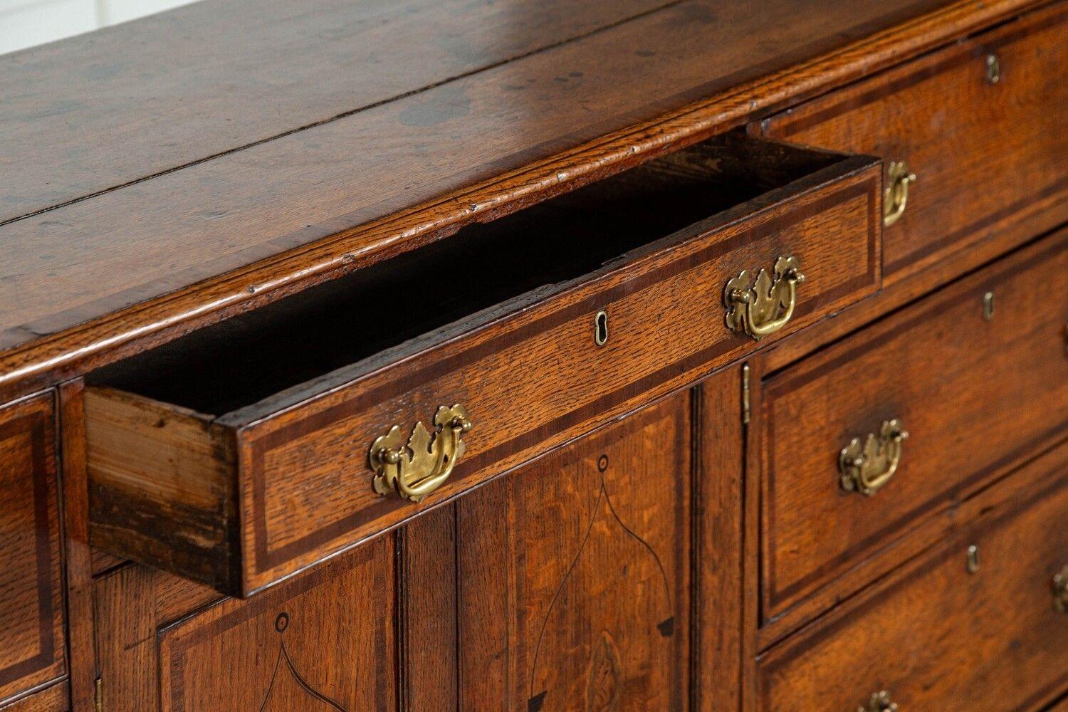 Large English George III Oak Inlaid Dresser Base For Sale 14