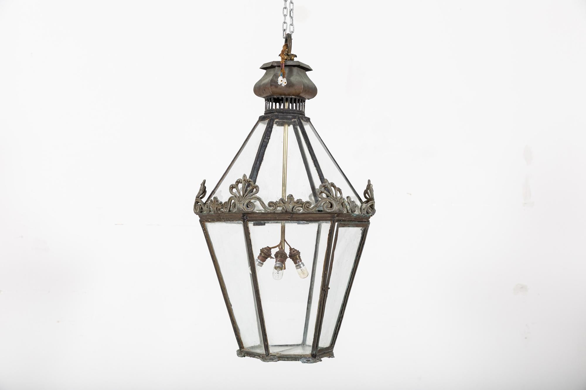 Large English Georgian Copper & Lead Glazed Lantern For Sale 4